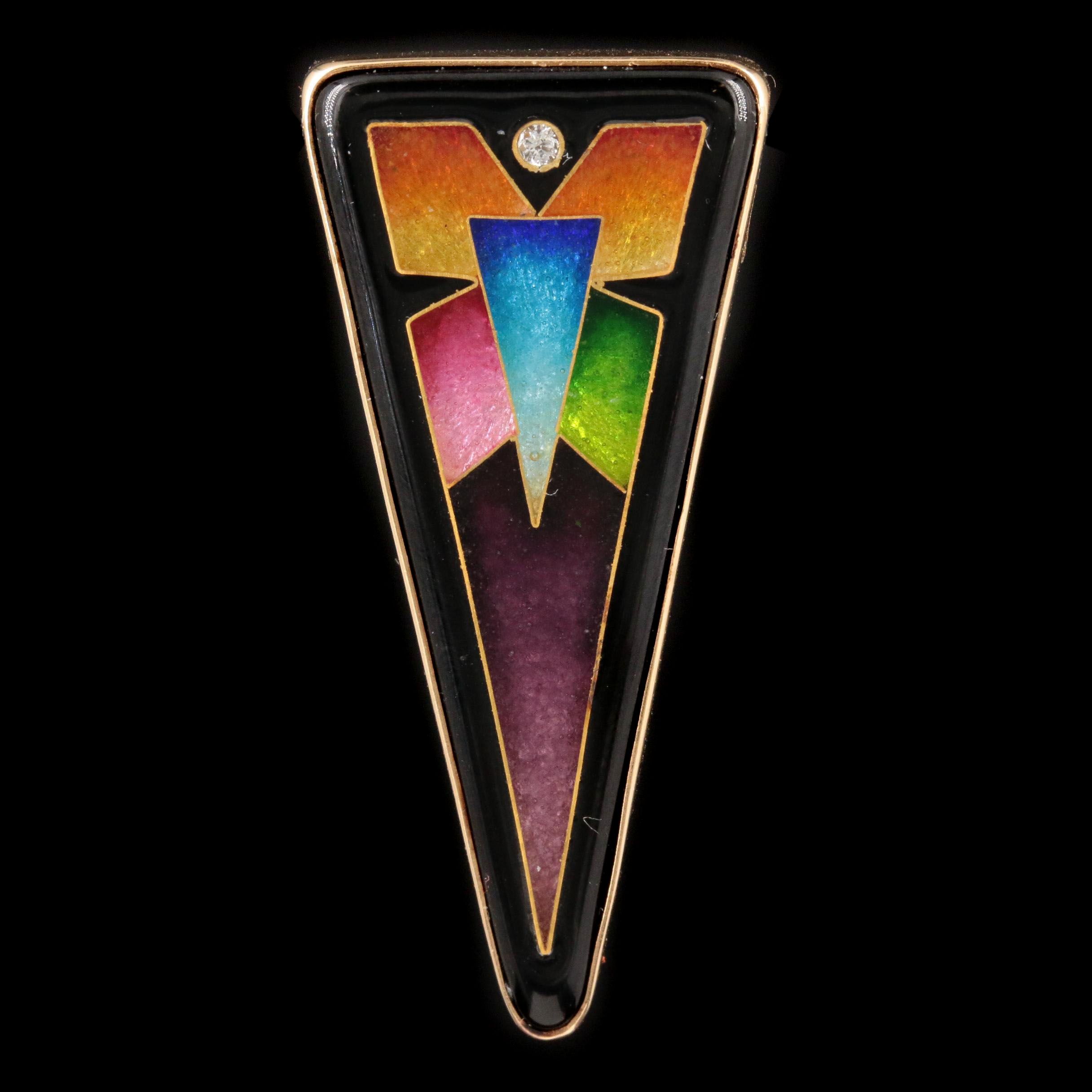 Signed Fusager - Demski 14K Yellow Gold Diamond and Vitreous Enamel Pendant