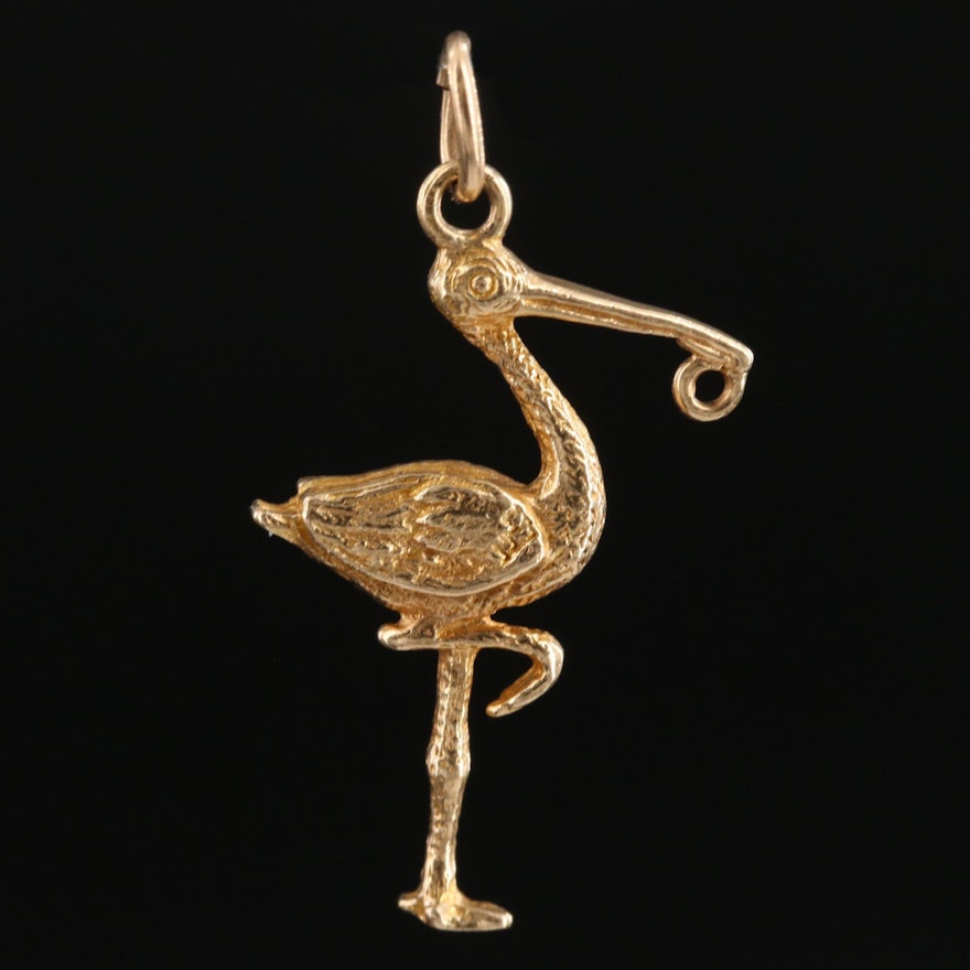 14K Yellow Gold Stork Charm Pendant