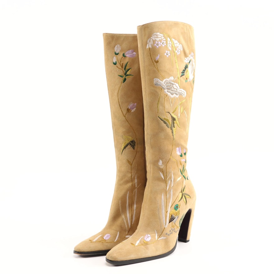 Fendi Bird and Foliate Embroidered Suede Tall Boots in Camel and Multicolor