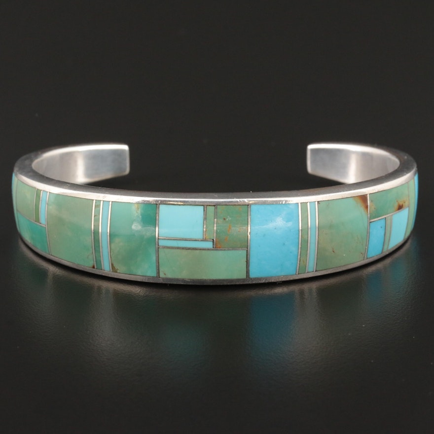 Signed Southwestern Style Chee Sterling Silver Turquoise Bracelet