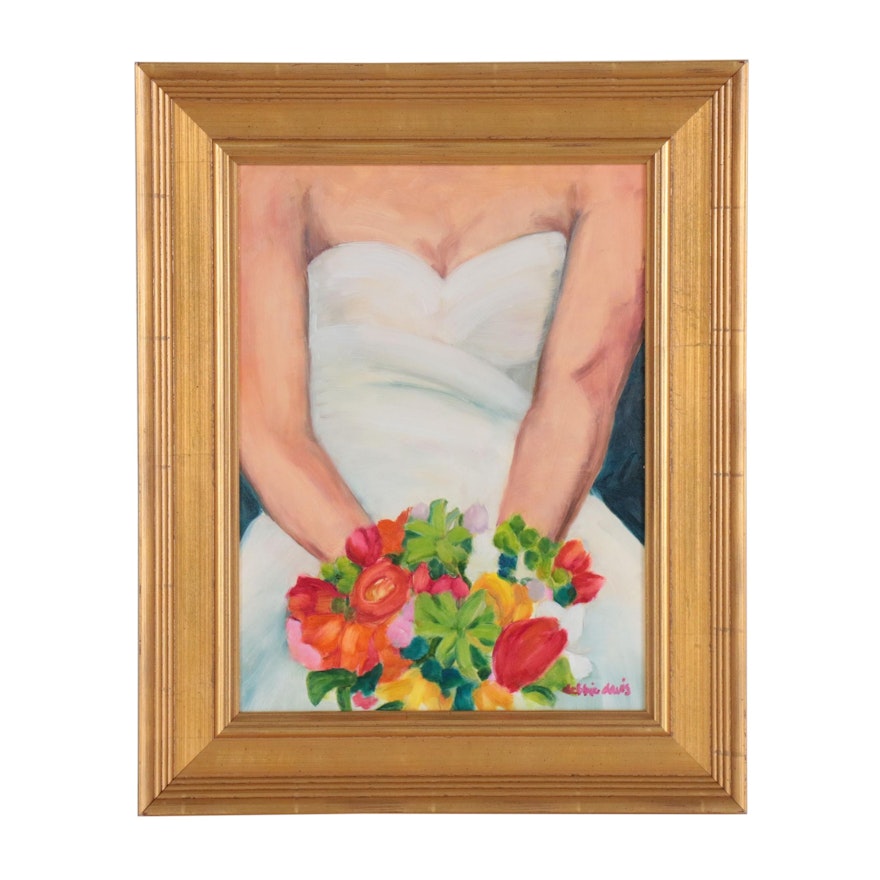 Debbie Davis Oil Painting of Woman Holding Bouquet
