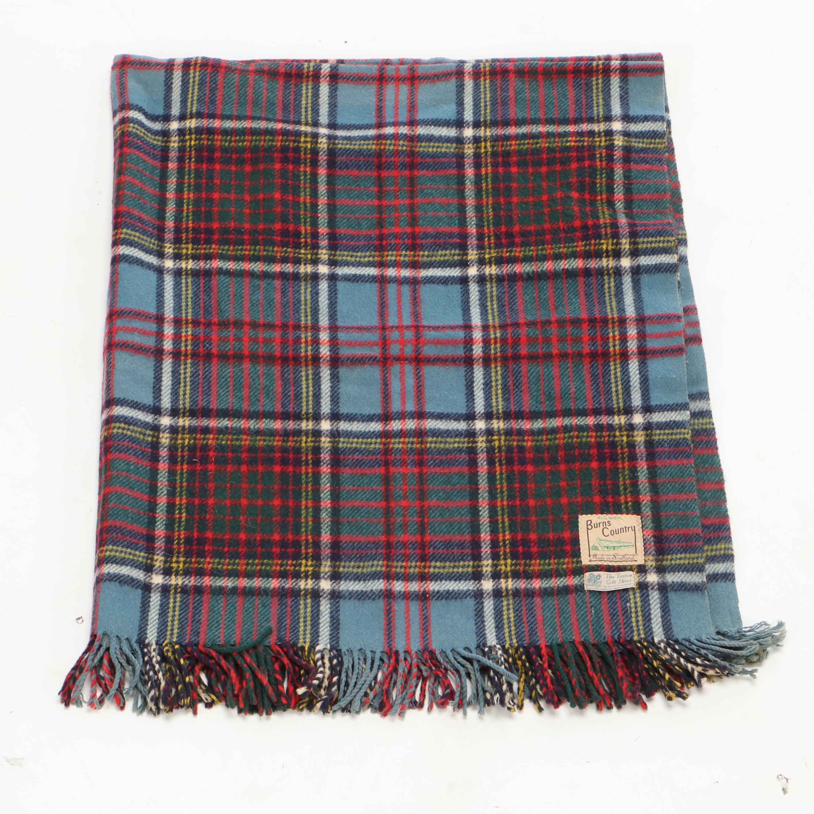 Scottish Burns Country Tartan Plaid Wool Blanket With Mohair Scarf, Vintage