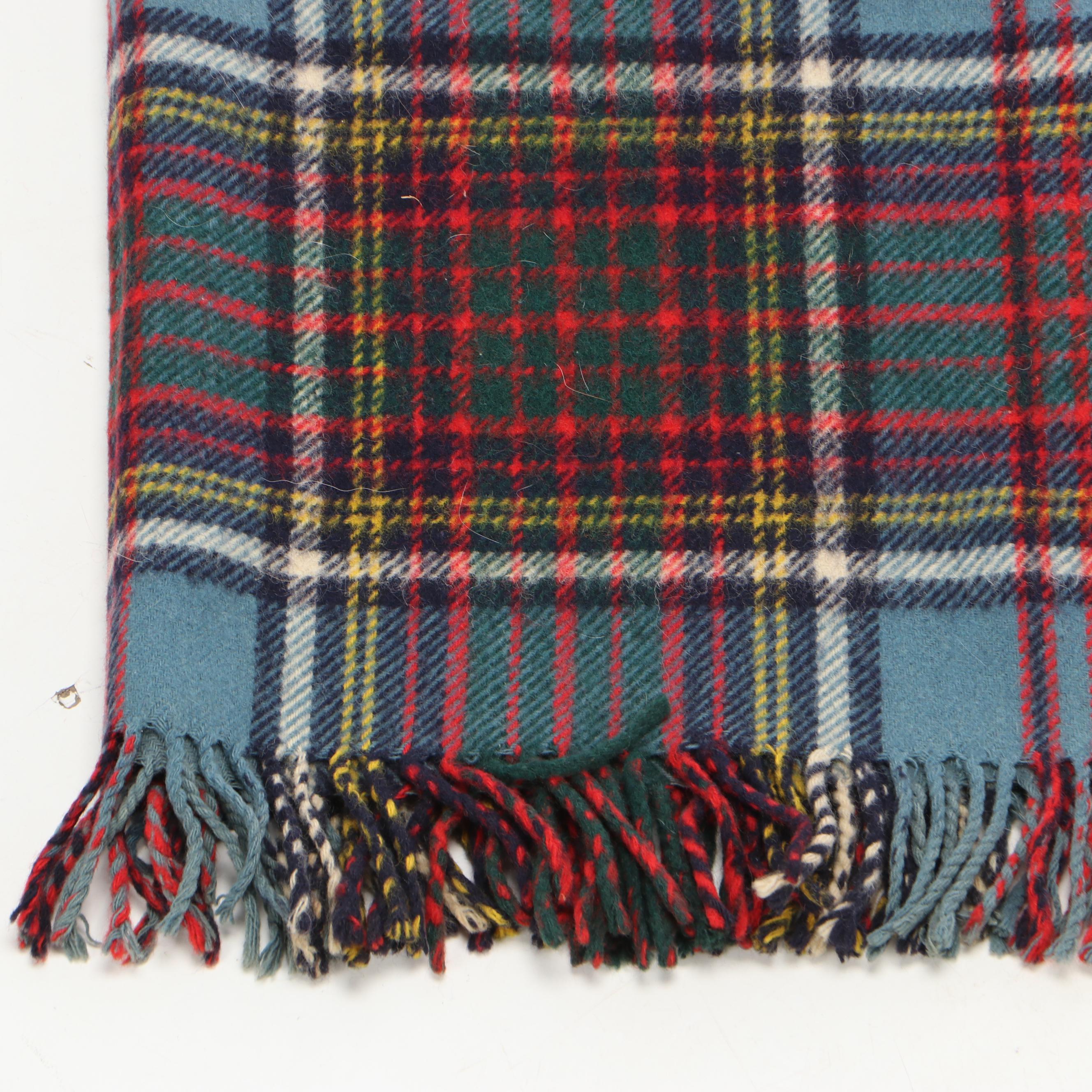 Scottish Burns Country Tartan Plaid Wool Blanket With Mohair Scarf, Vintage