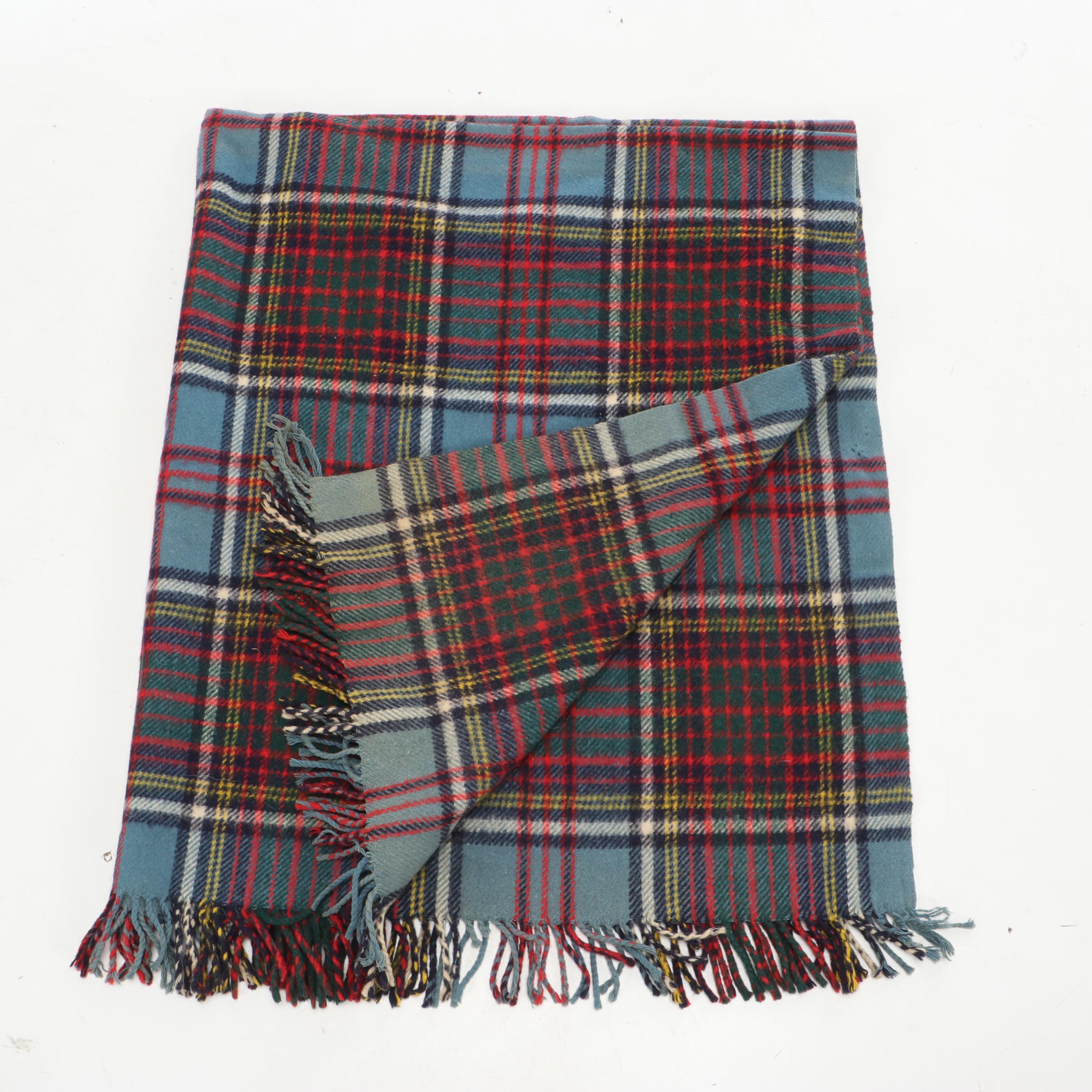 Scottish Burns Country Tartan Plaid Wool Blanket With Mohair Scarf, Vintage