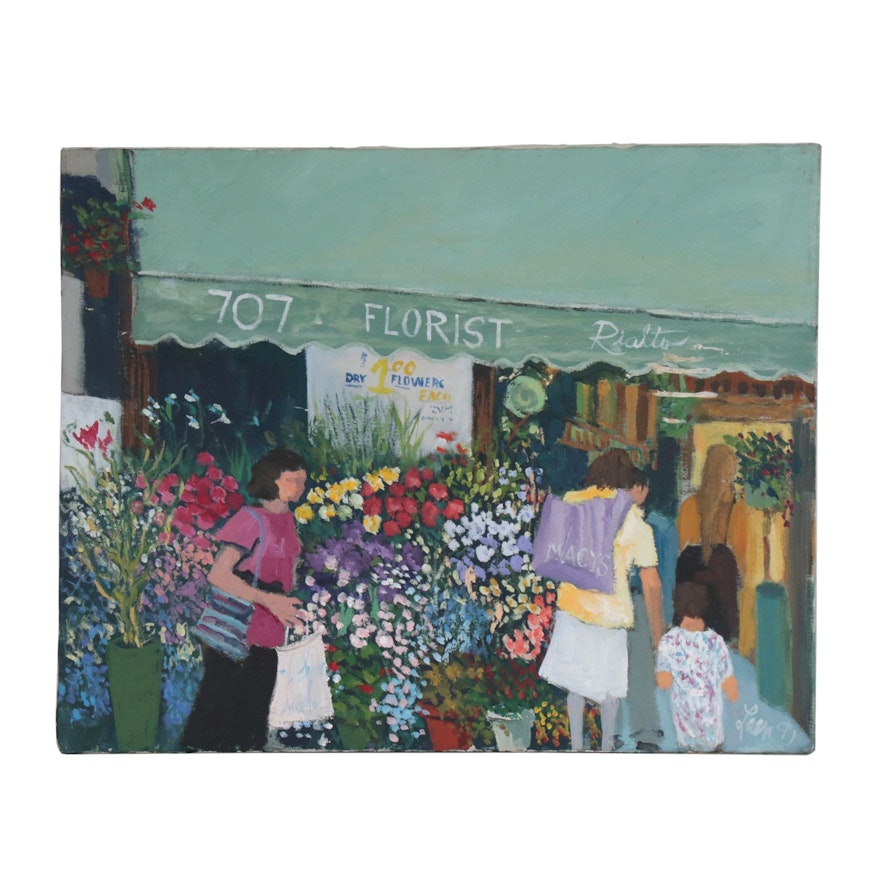 Acrylic Painting of Street Scene with Flower Shop