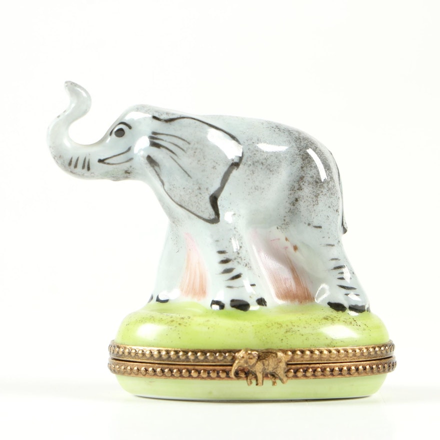 Chanille Porcelain Elephant Limoges Trinket Box, Late 20th/Early 21st Century