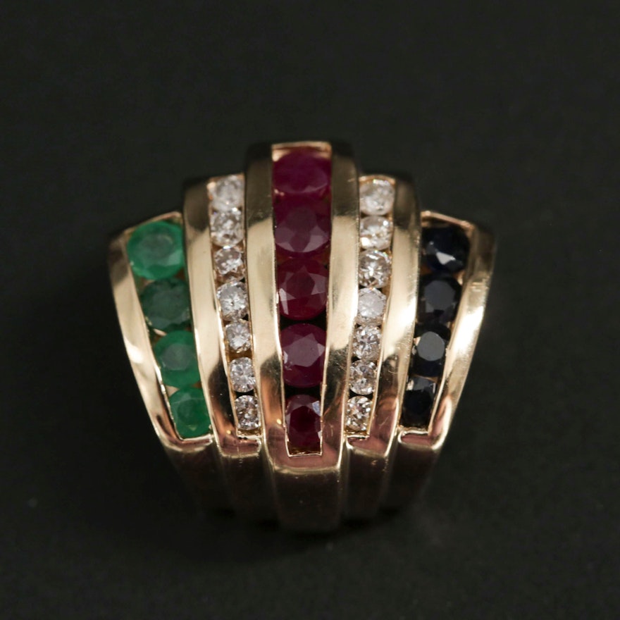 14K Yellow Gold, Emerald, Ruby, Sapphire and Diamond Enhancer Slide Pendant