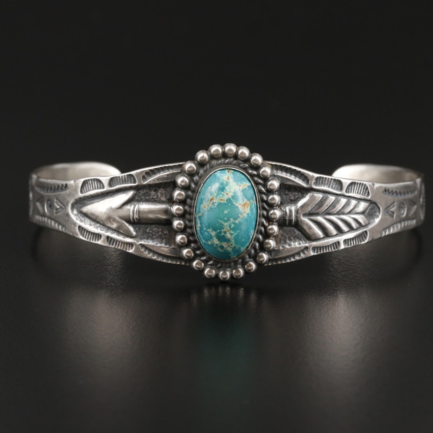 Southwestern Style Sterling Silver Turquoise Cuff Bracelet With Arrow Stampwork