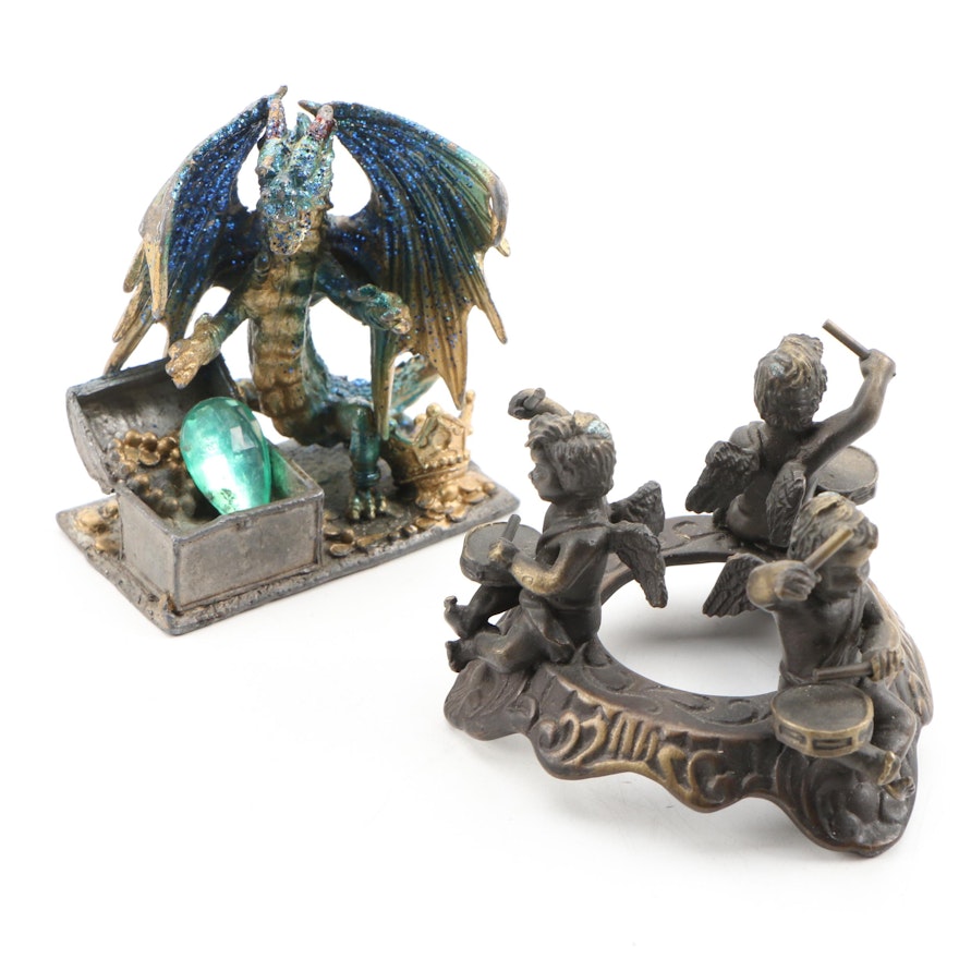 Cast Metal Dragon Figurine and Putti Base