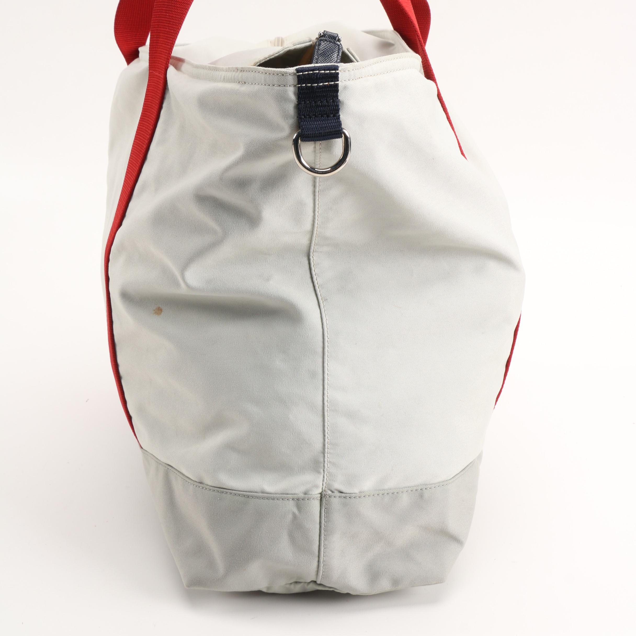Prada Light Gray Canvas Tote with Red Nylon Straps