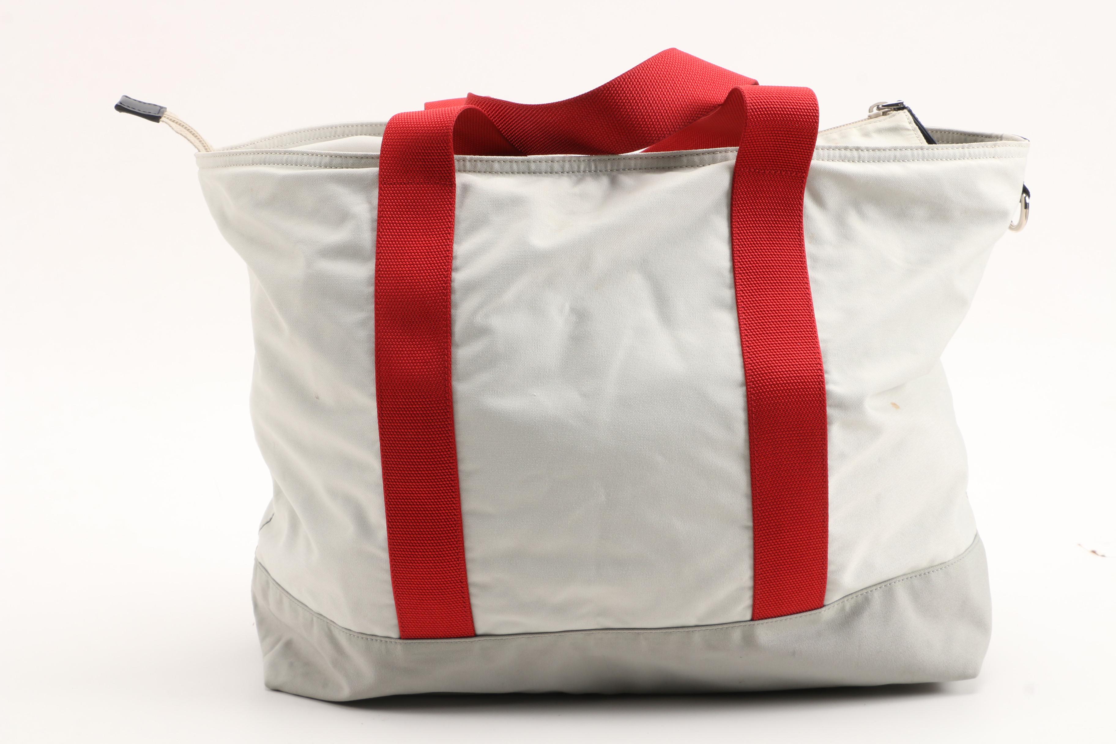 Prada Light Gray Canvas Tote with Red Nylon Straps