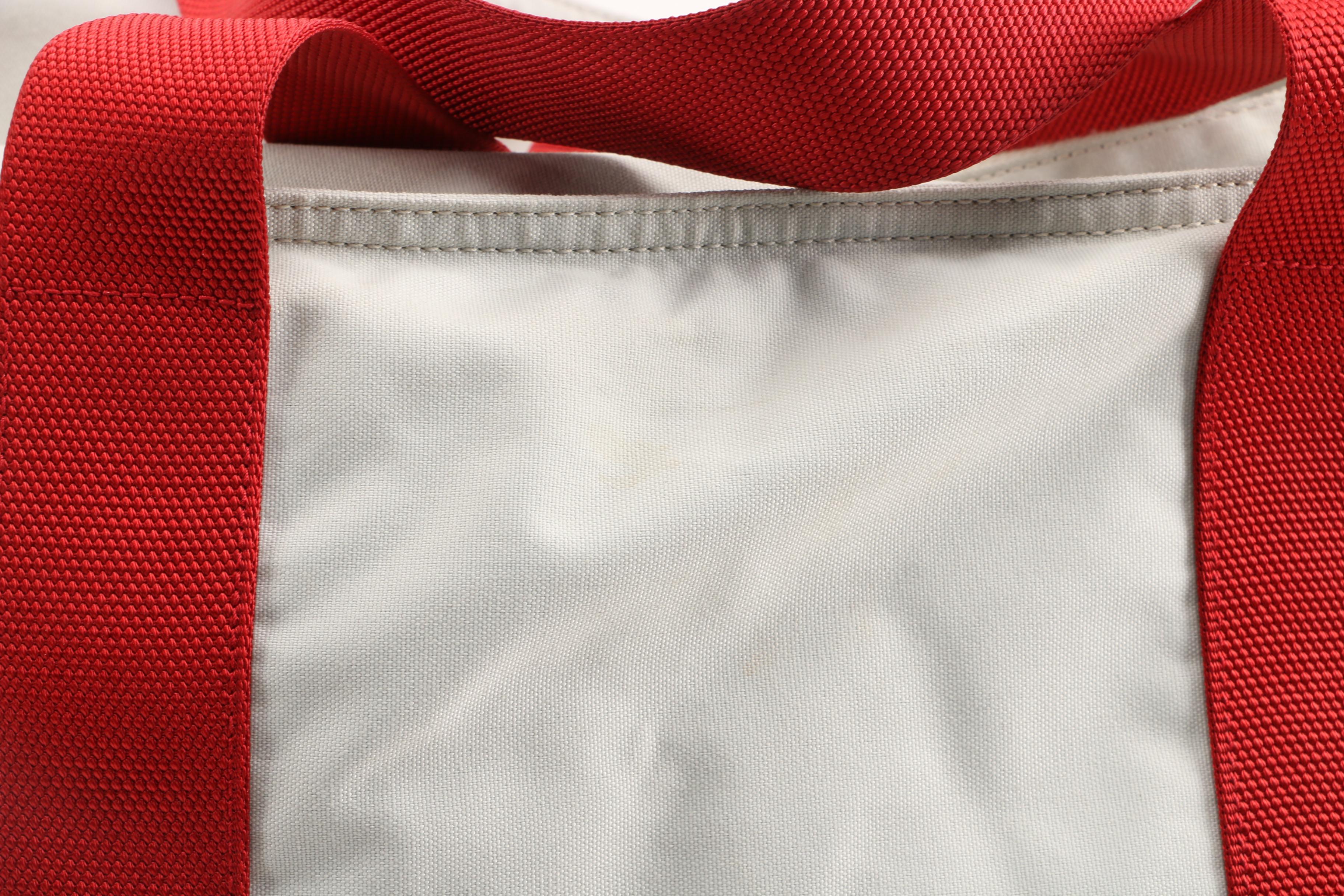 Prada Light Gray Canvas Tote with Red Nylon Straps