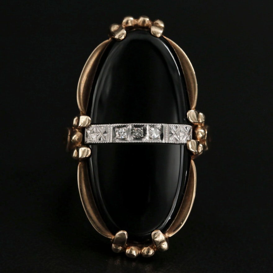 Vintage 10K Yellow Gold Black Onyx and Diamond Ring