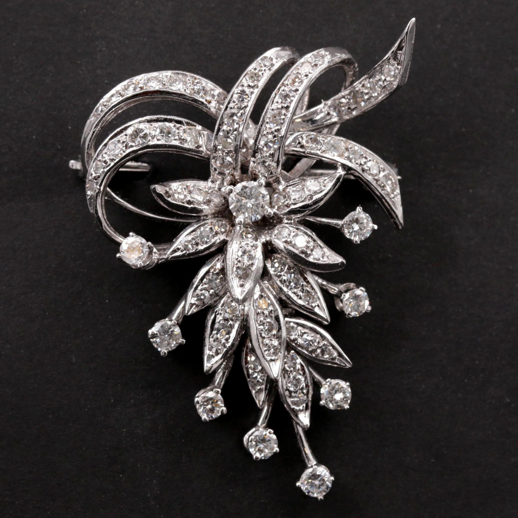Vintage 14K White Gold 2.17 CTW Diamond Articulated Converter Brooch