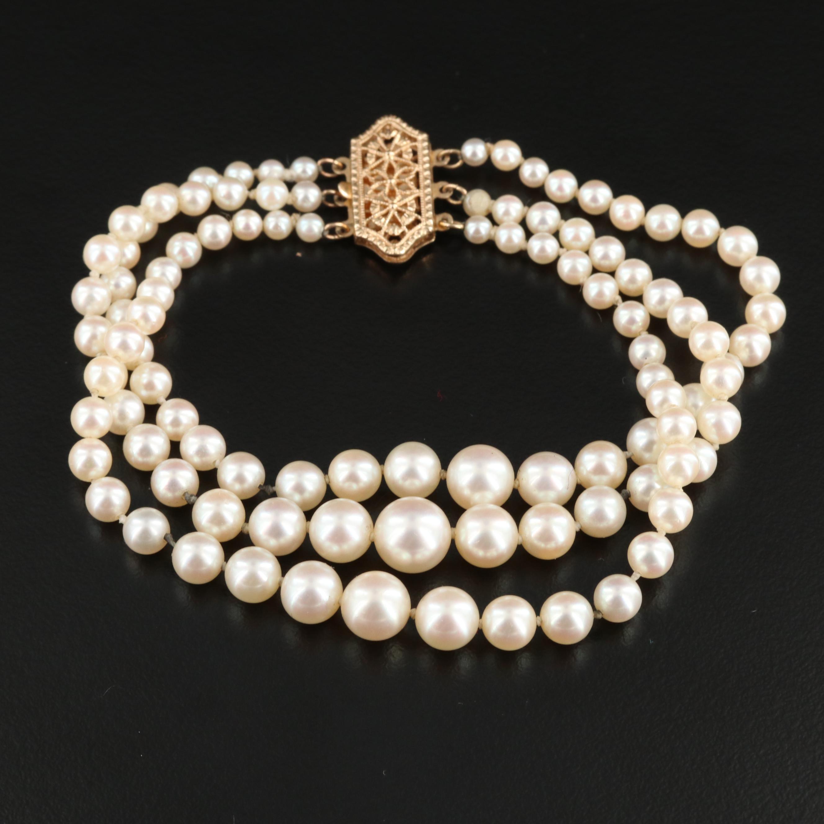 Vintage Graduated Cultured Pearl Triple Strand Bracelet With 14K Gold Clasp