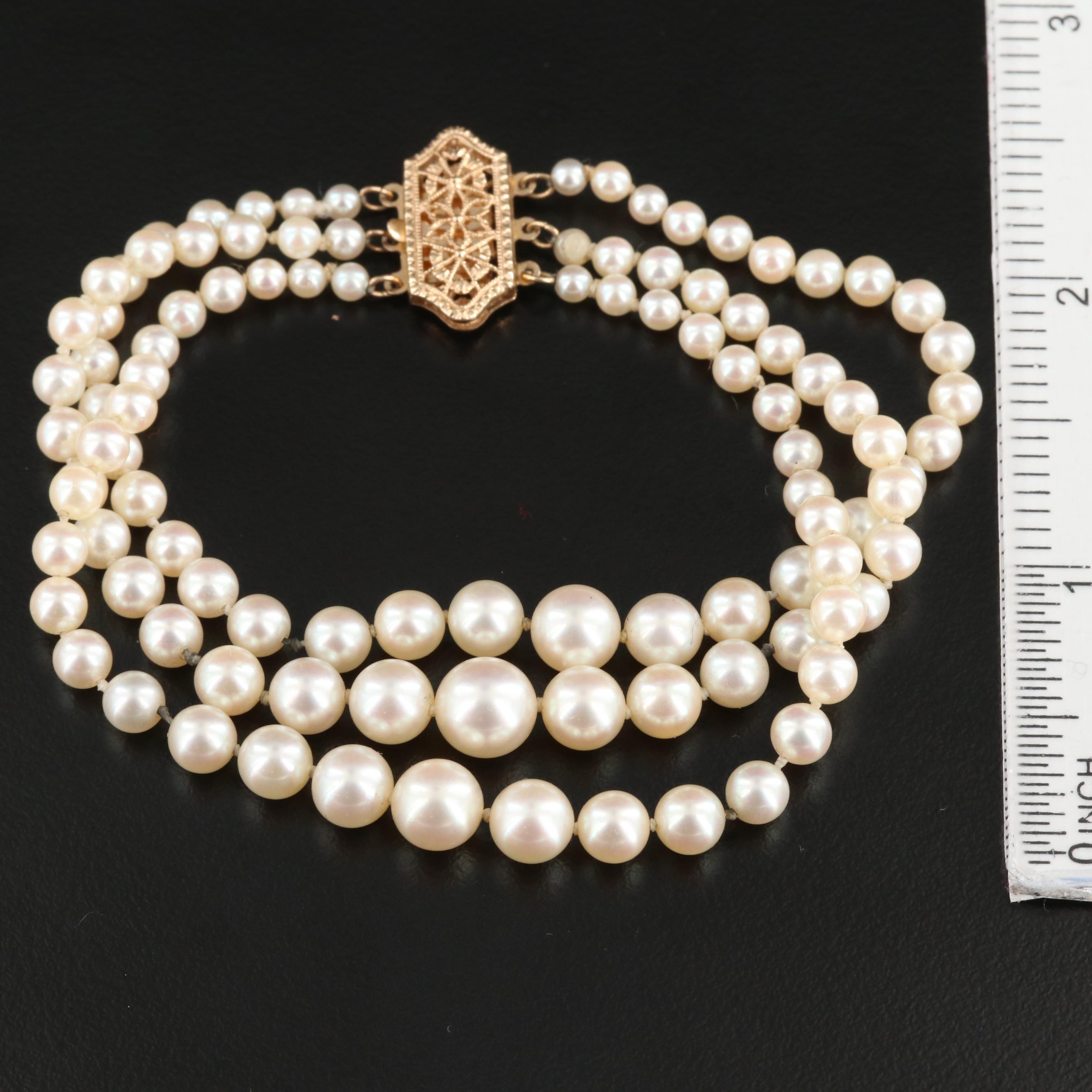 Vintage Graduated Cultured Pearl Triple Strand Bracelet With 14K Gold Clasp