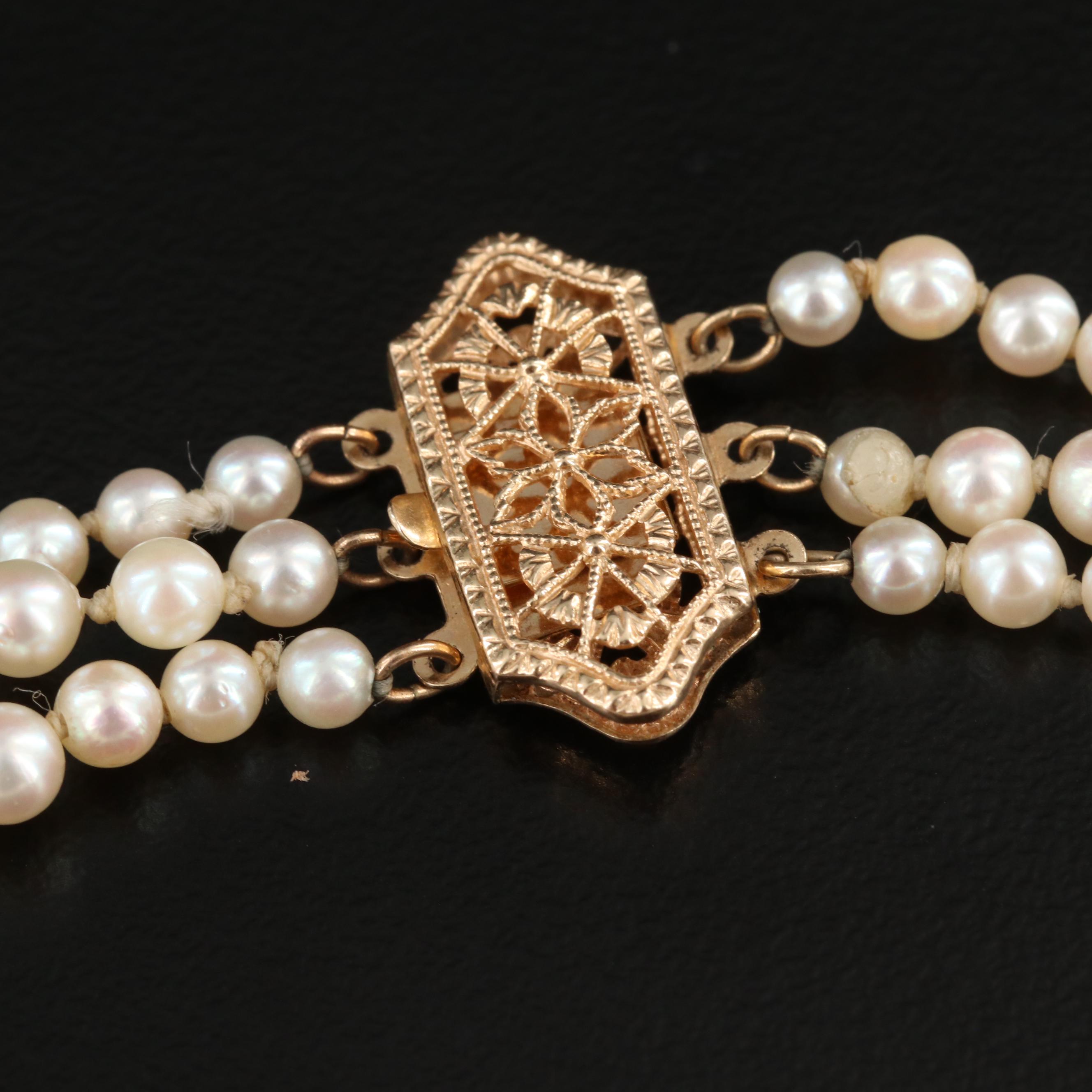 Vintage Graduated Cultured Pearl Triple Strand Bracelet With 14K Gold Clasp