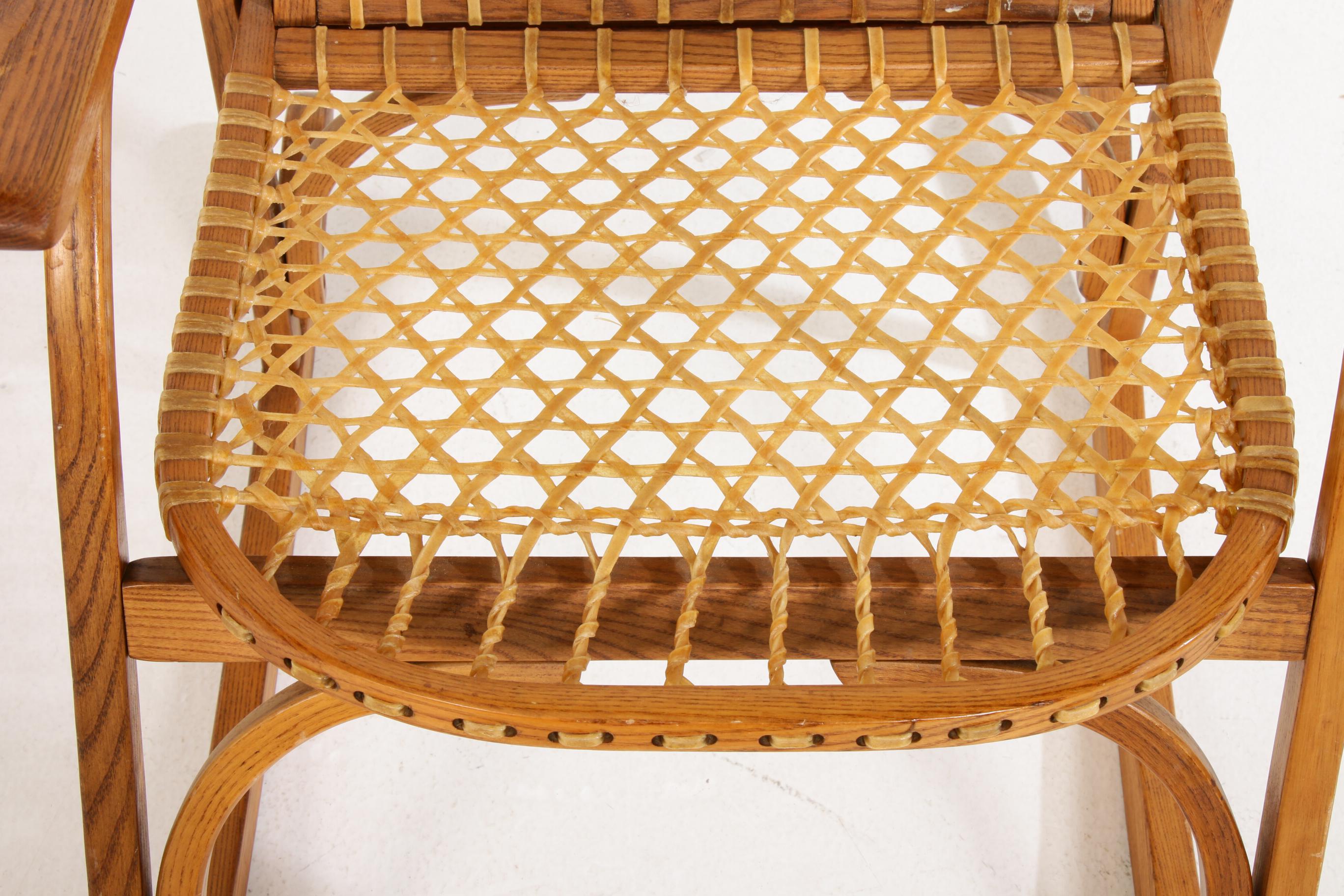 Vermont Tubbs Oak and Rawhide Snowshoe Rocking Chair, 20th Century
