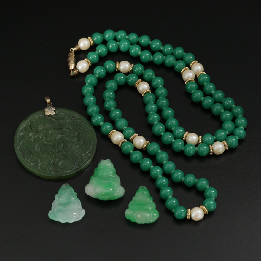 Carved Nephrite Pendant With Jadeite Buddha Pendants and Beaded Necklace