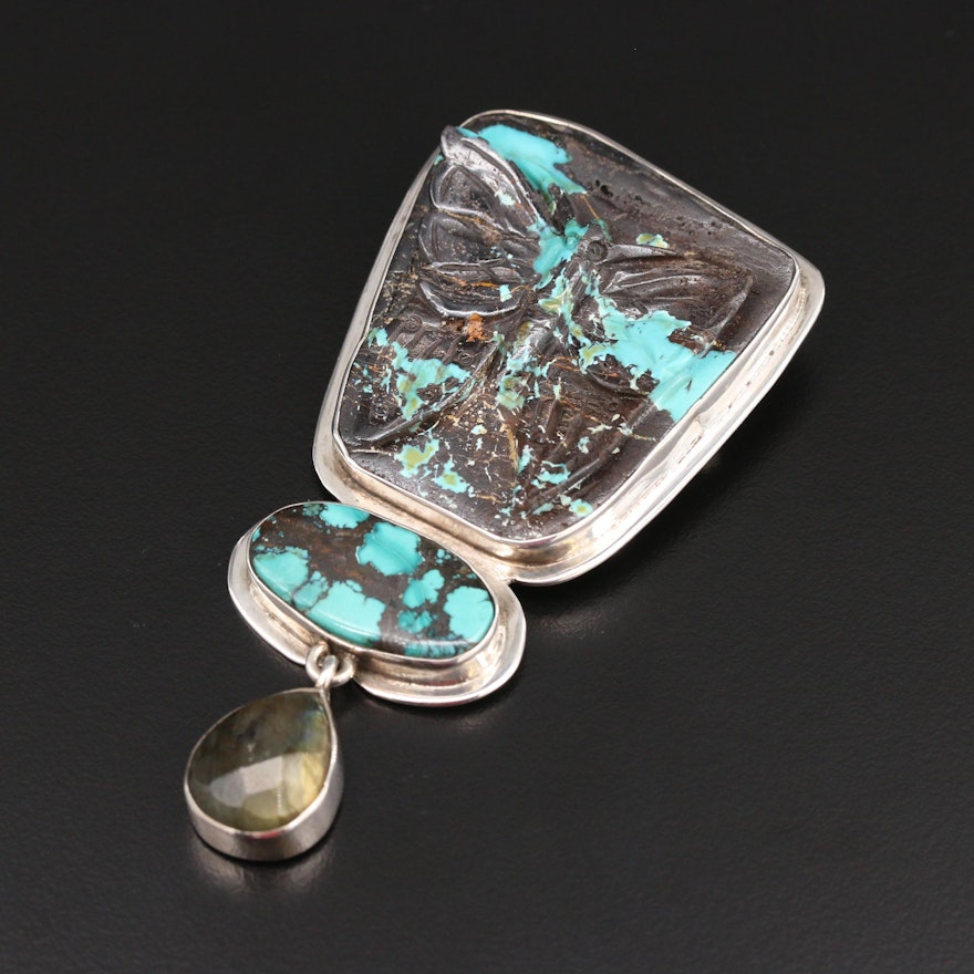 Chris Bales "Elligator" Sterling Silver Turquoise and Labradorite Brooch