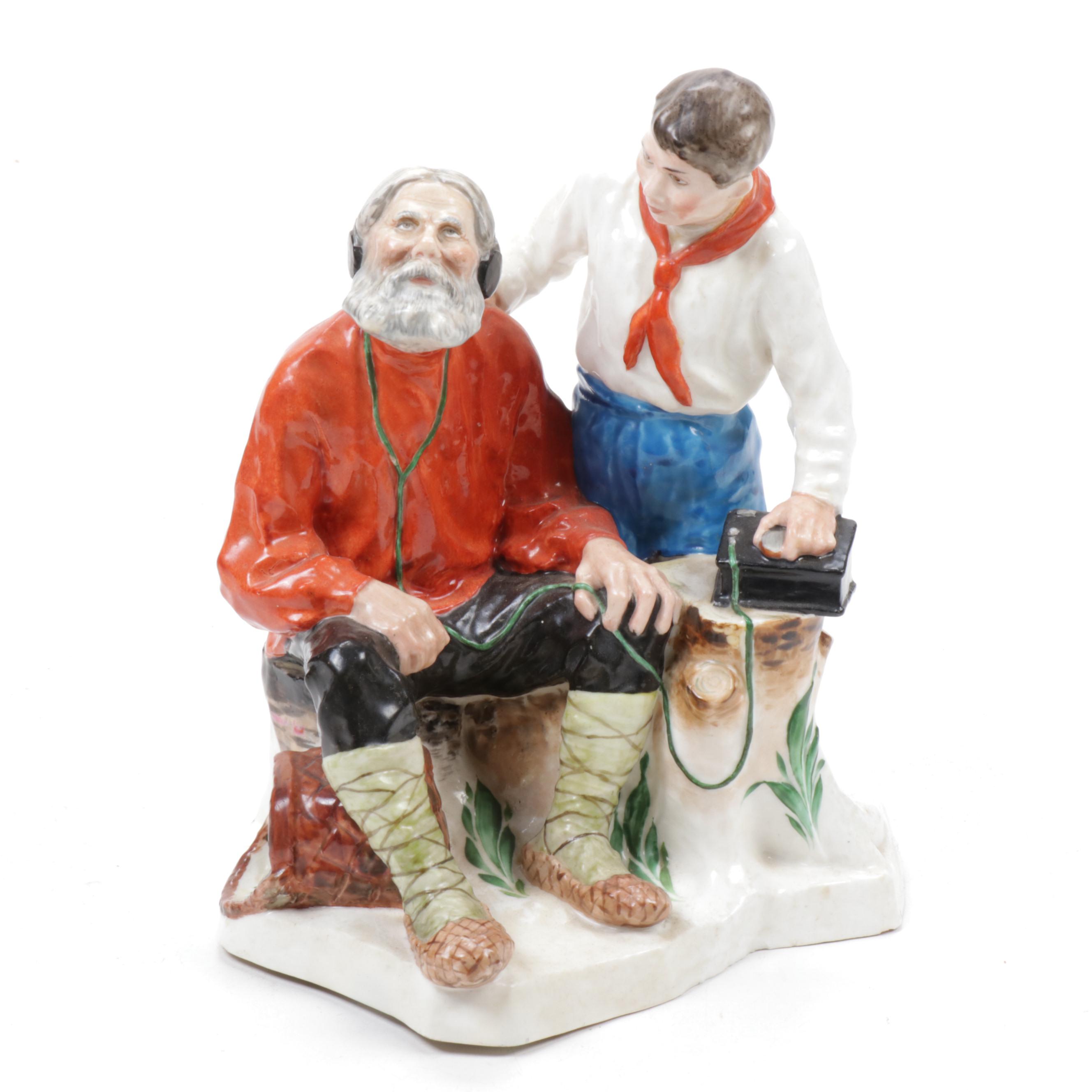 Soviet Russian Porcelain Group "Radio for the Village" by Naum Kongiser