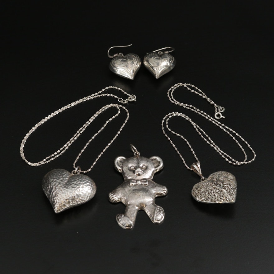 Sterling Silver Heart Pendant Necklaces and Teddy Bear Pendant