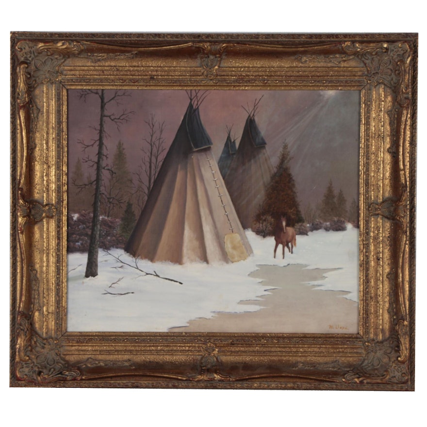 Oil Painting of Winter Scene with Teepees and Horse