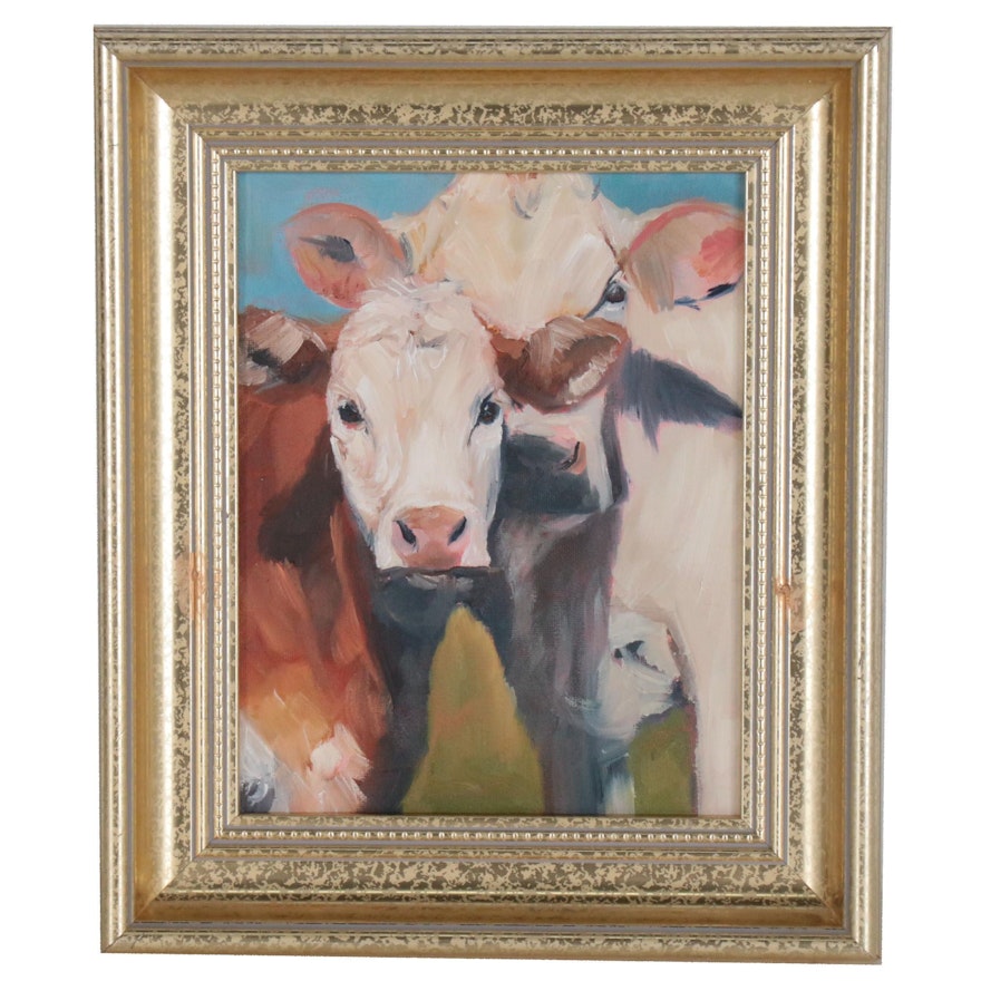 Oil Painting of Cow with Calf