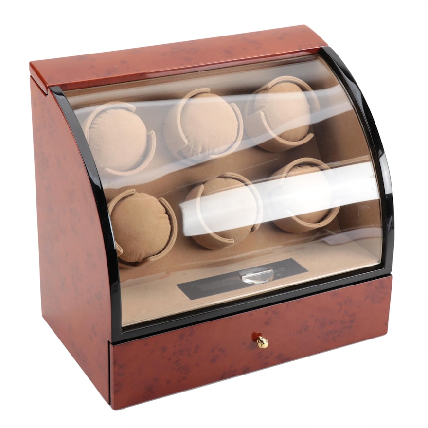 Multiple Watch Winder with High Gloss Burlwood and Black Finish, Contemporary