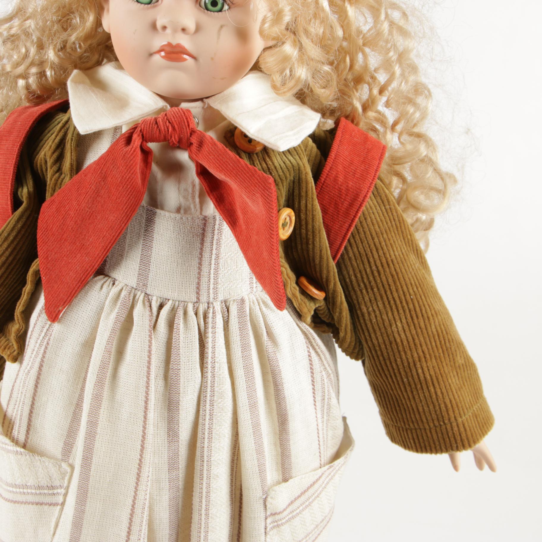 21" Porcelain Doll with Curly Blonde Hair by Delton Product Corp., Late 20th C.