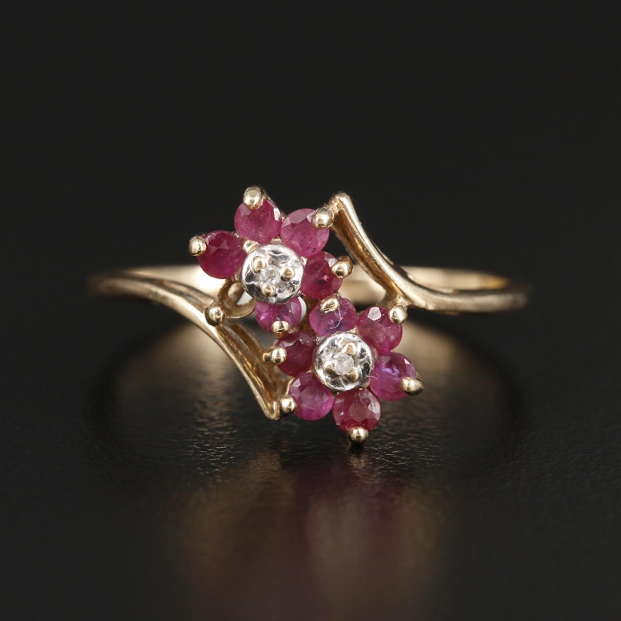 10K Yellow Gold Ruby and Diamond Bypass Ring