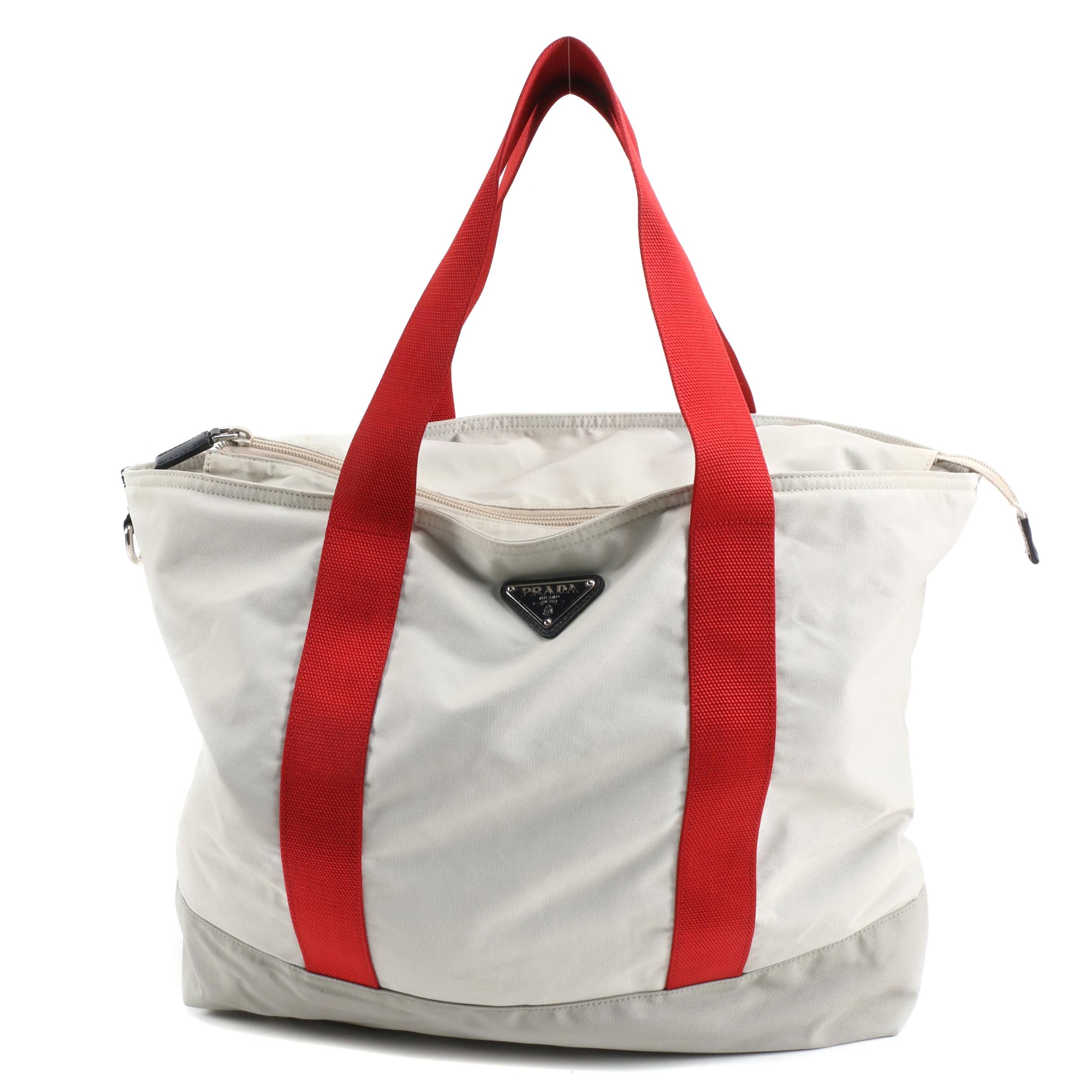 Prada Light Gray Canvas Tote with Red Nylon Straps