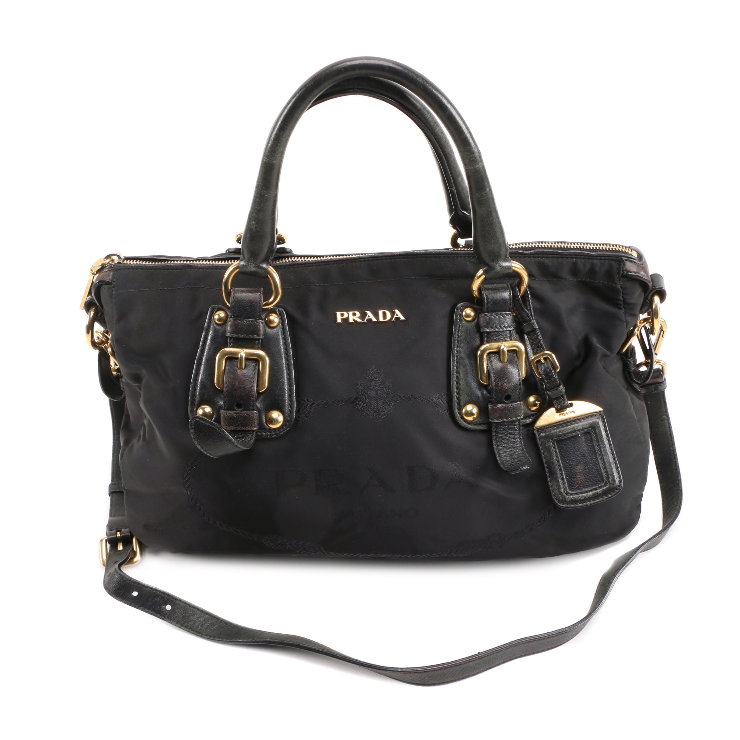 Prada Convertible Satchel in Black Tessuto Nylon with Leather Trim