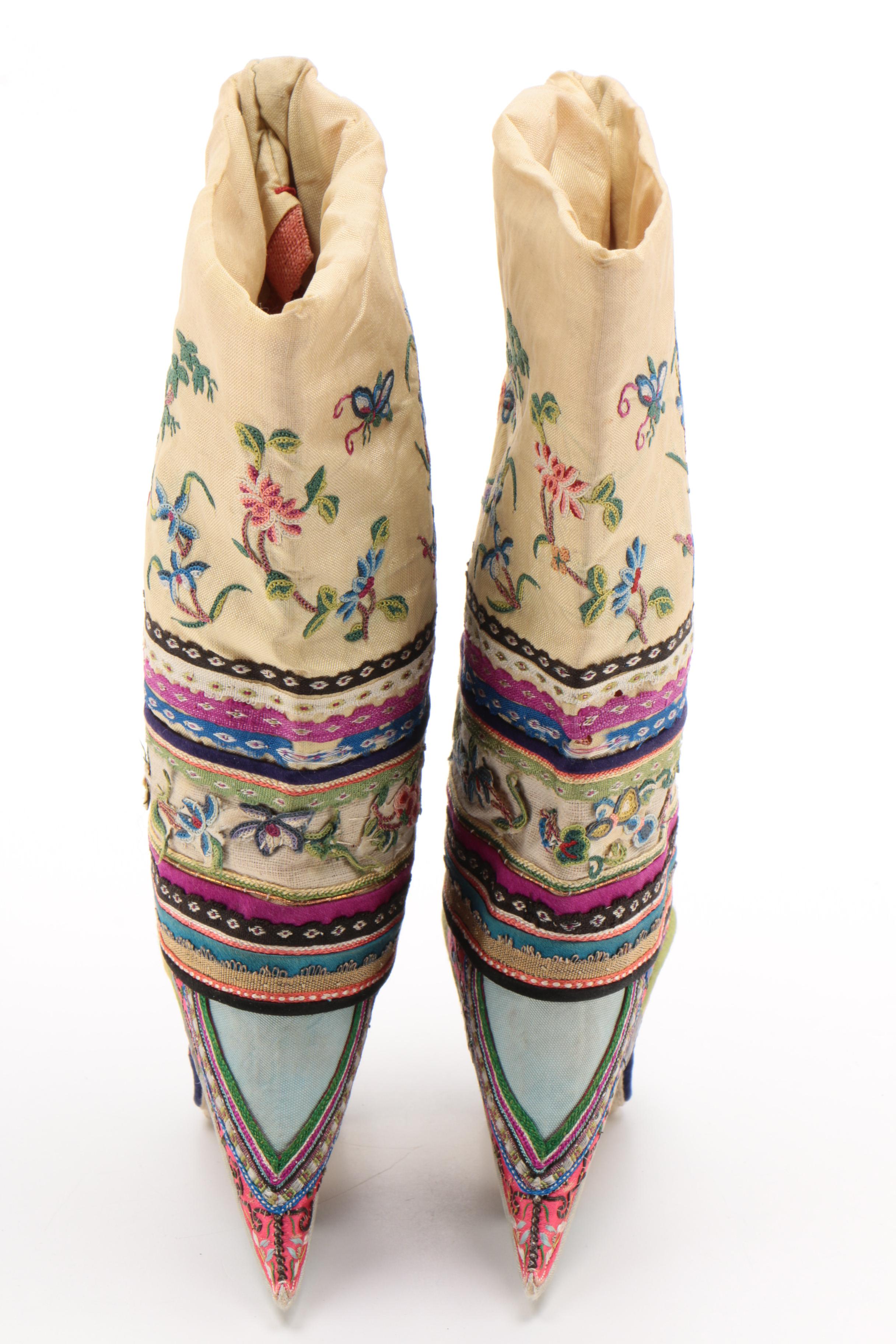 Antique Chinese Embroidered Silk Lotus Shoes, circa 1900