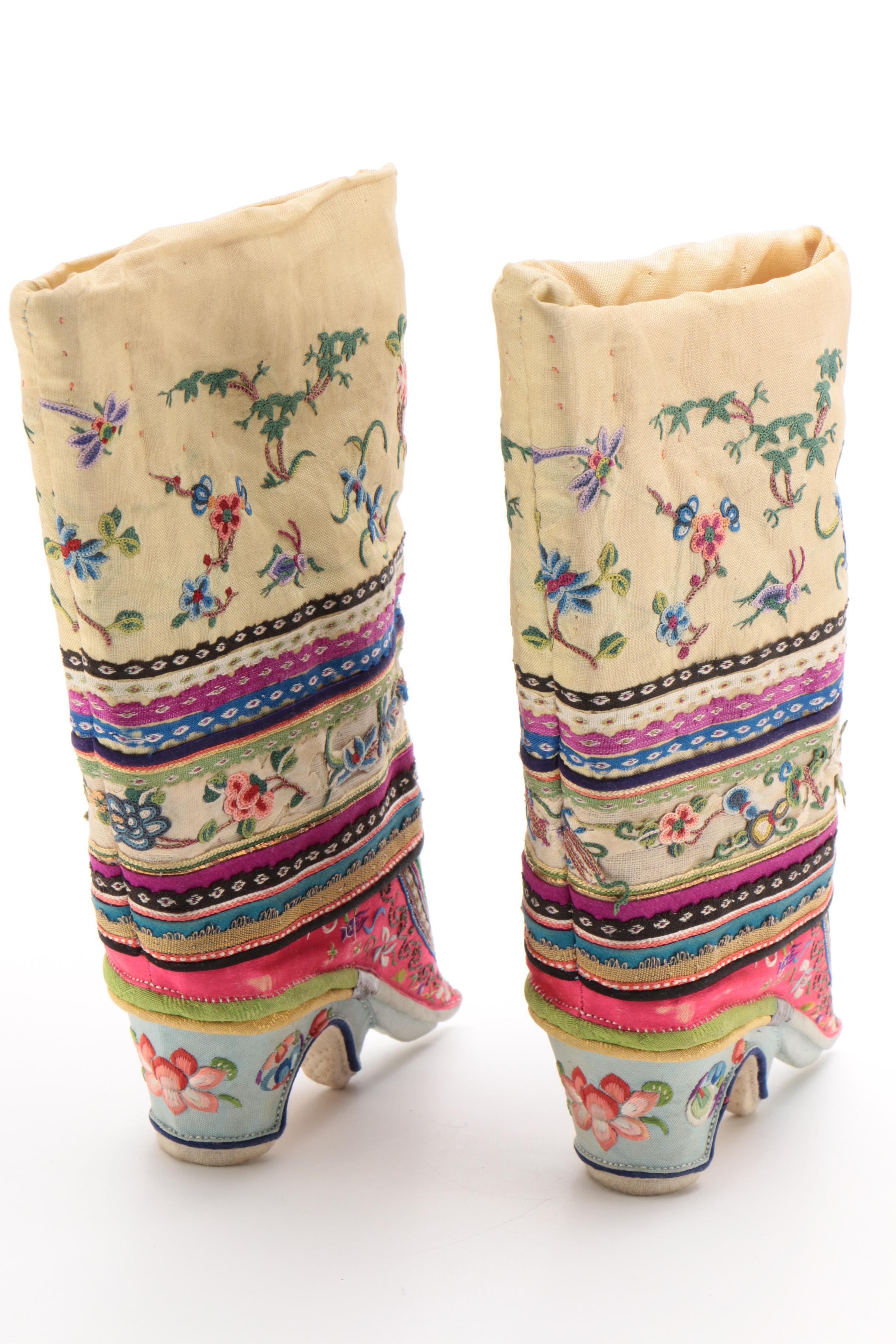 Antique Chinese Embroidered Silk Lotus Shoes, circa 1900