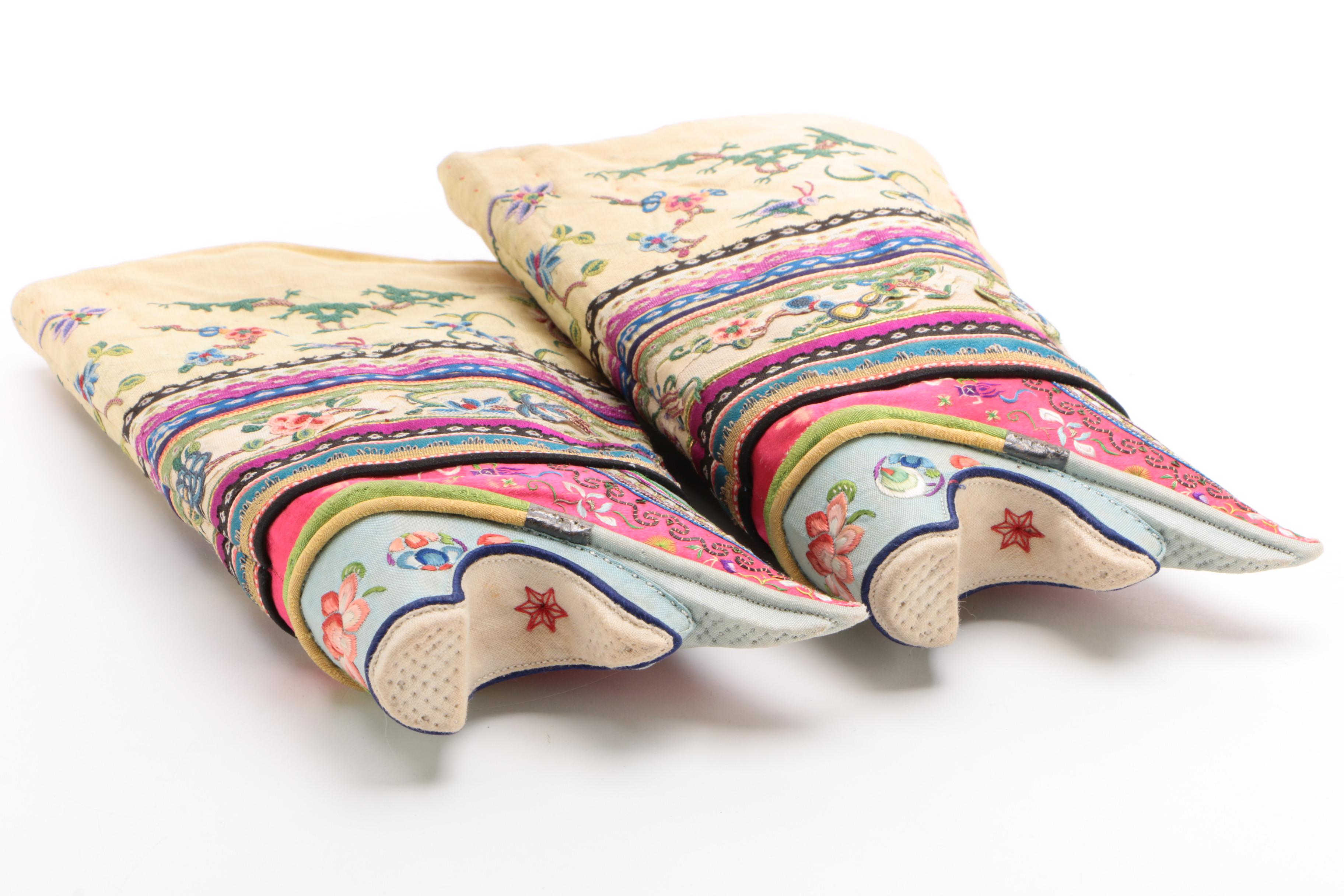 Antique Chinese Embroidered Silk Lotus Shoes, circa 1900