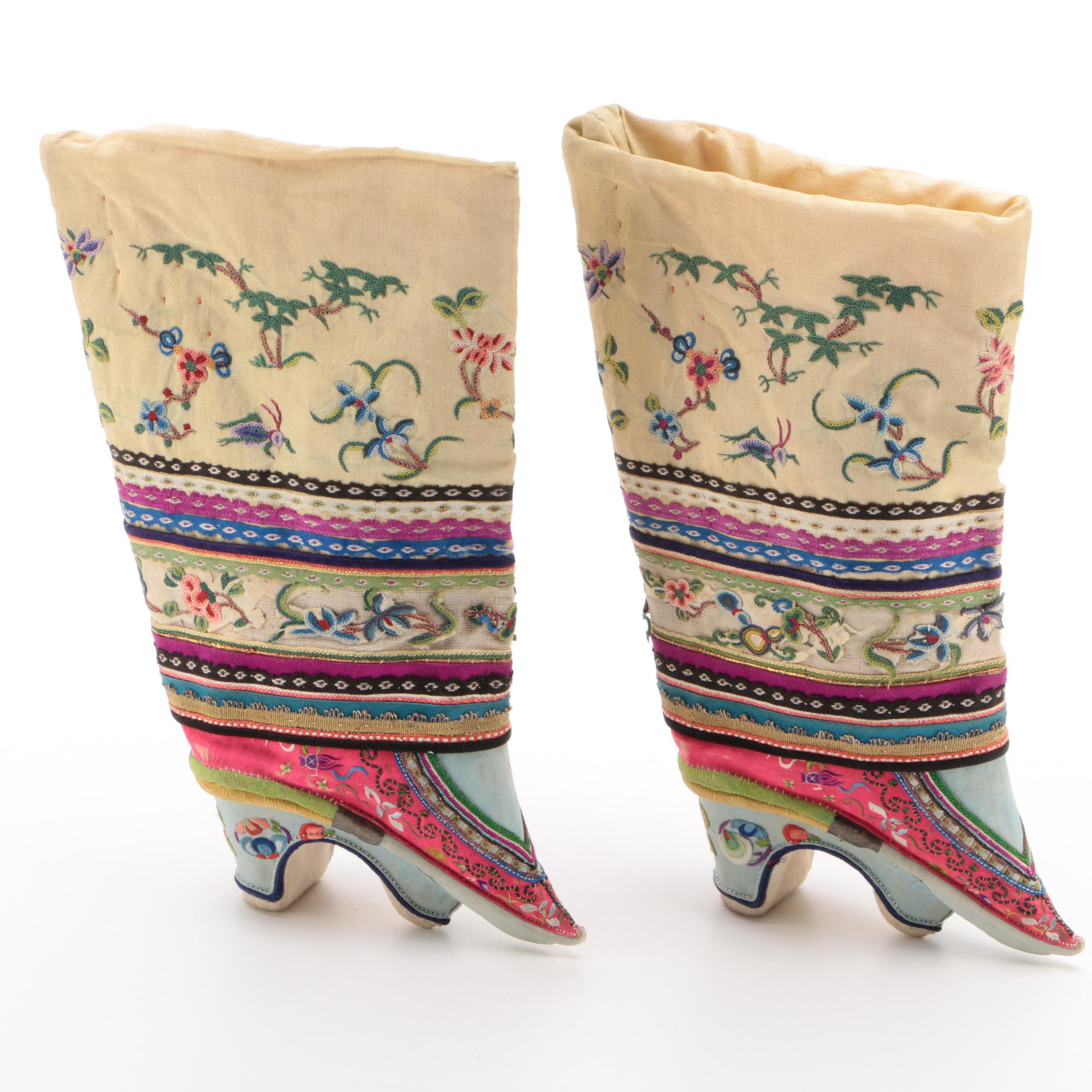 Antique Chinese Embroidered Silk Lotus Shoes, circa 1900