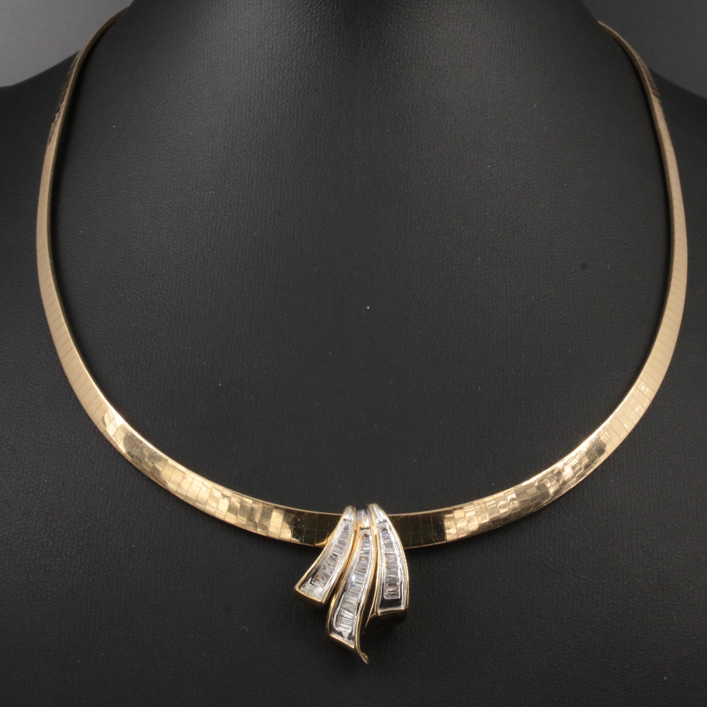 14K Yellow Gold 1.04 CTW Diamond Slide Pendant on Graduating Omega Necklace