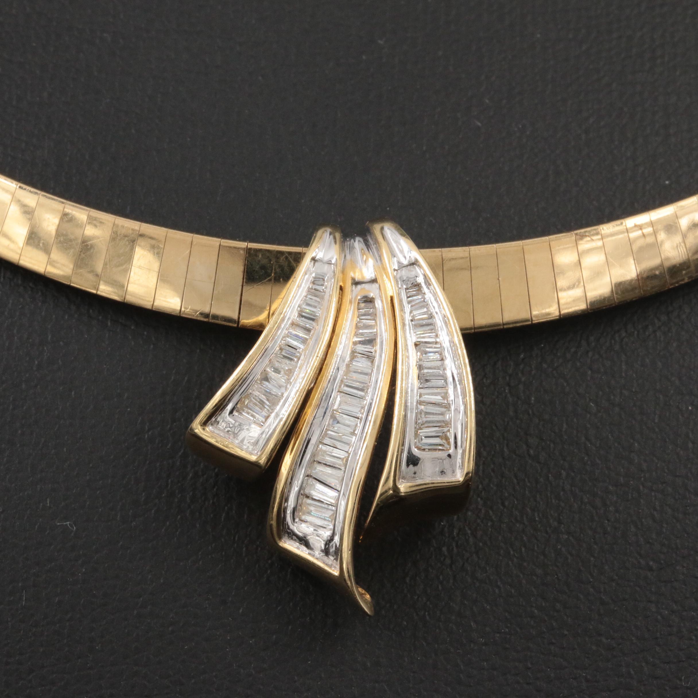 14K Yellow Gold 1.04 CTW Diamond Slide Pendant on Graduating Omega Necklace