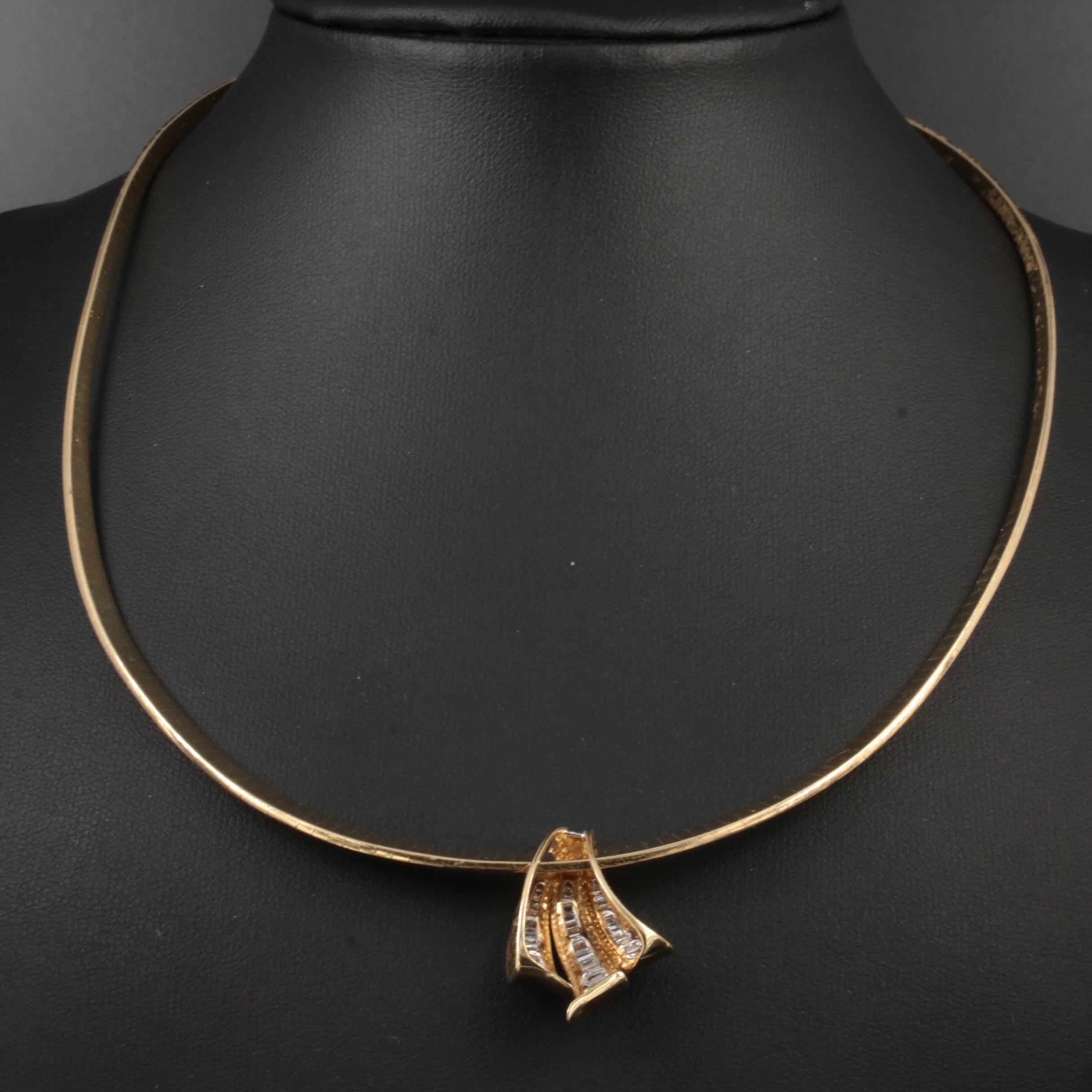 14K Yellow Gold 1.04 CTW Diamond Slide Pendant on Graduating Omega Necklace