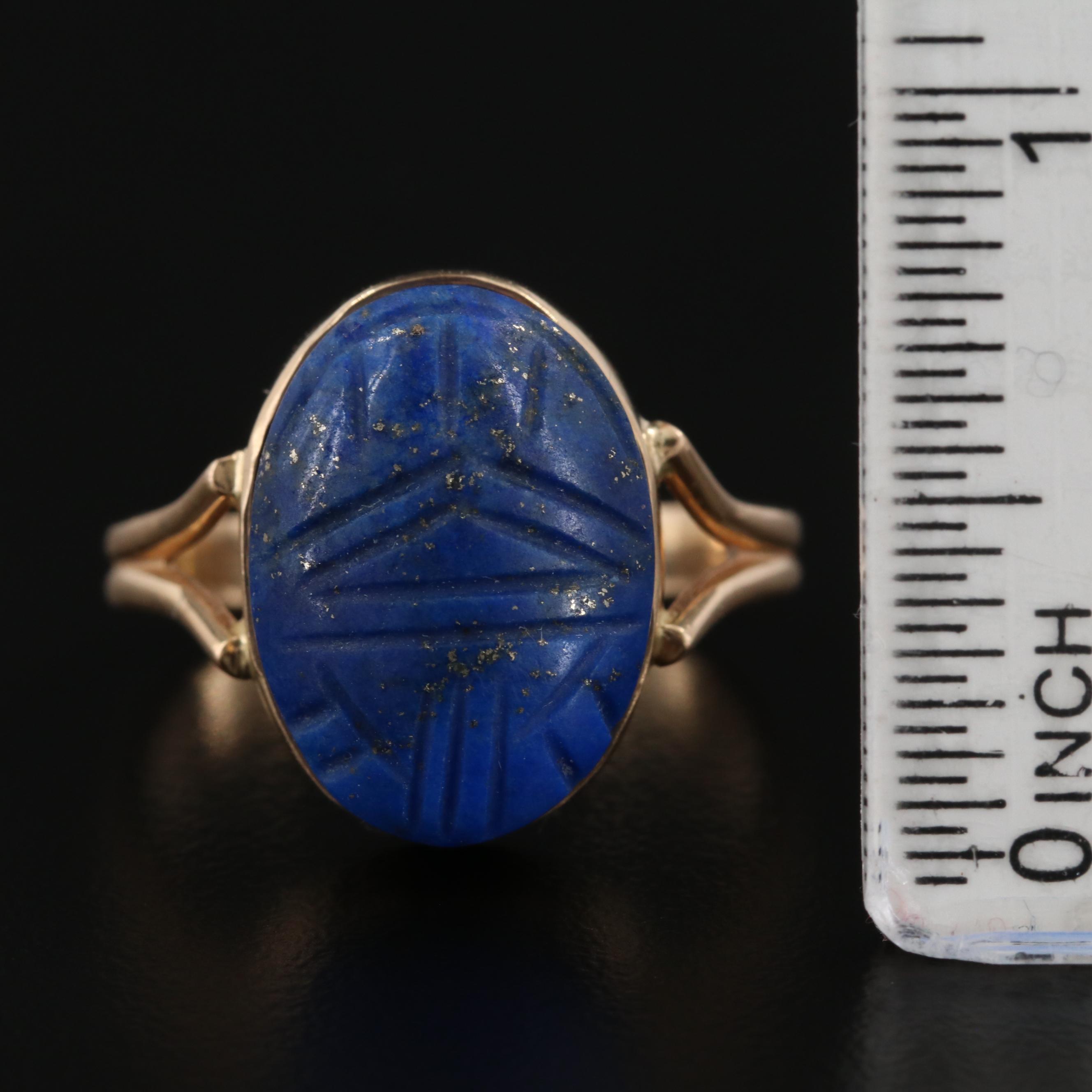 Egyptian Revival 14K Yellow Gold Lapis Lazuli Carved Scarab Ring
