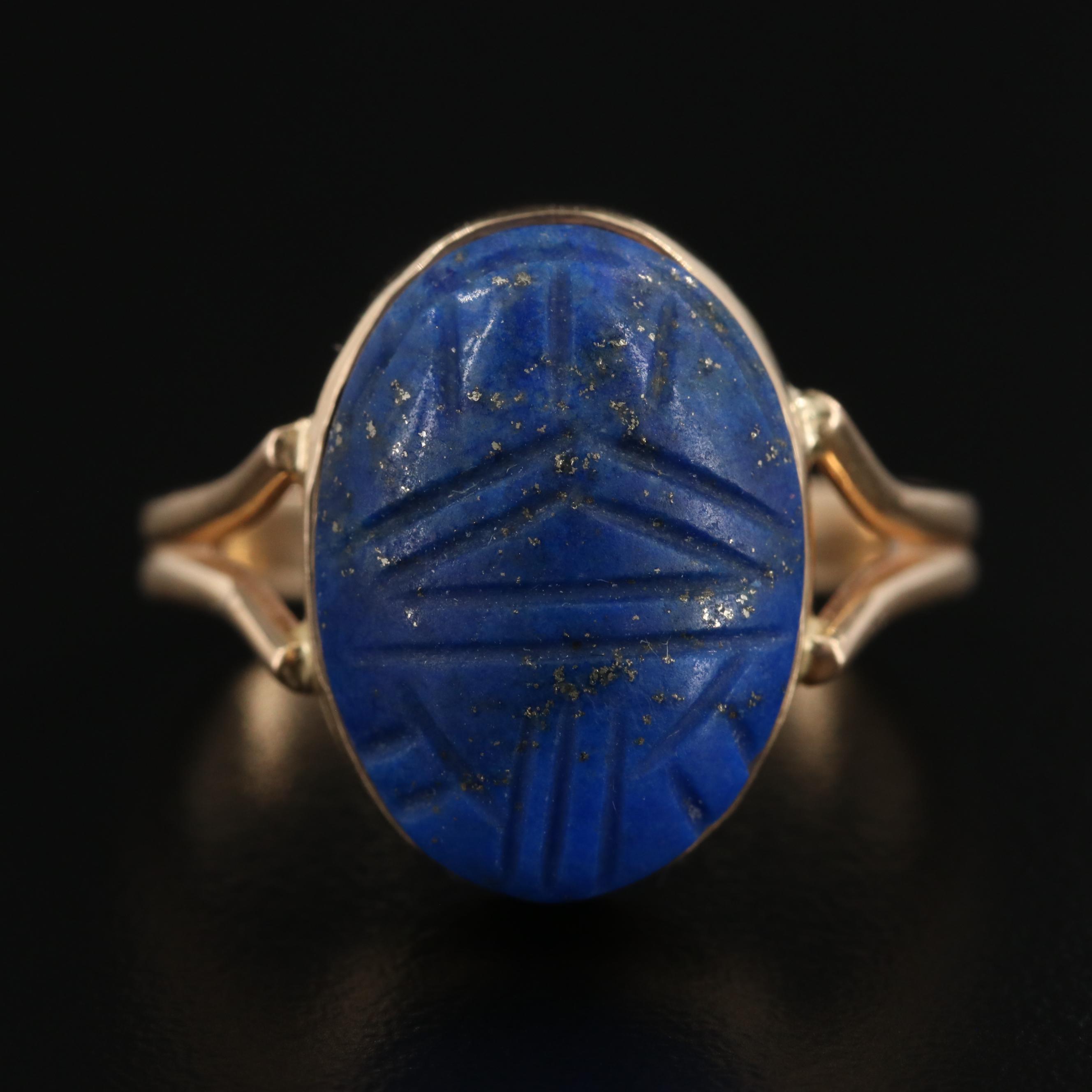 Egyptian Revival 14K Yellow Gold Lapis Lazuli Carved Scarab Ring