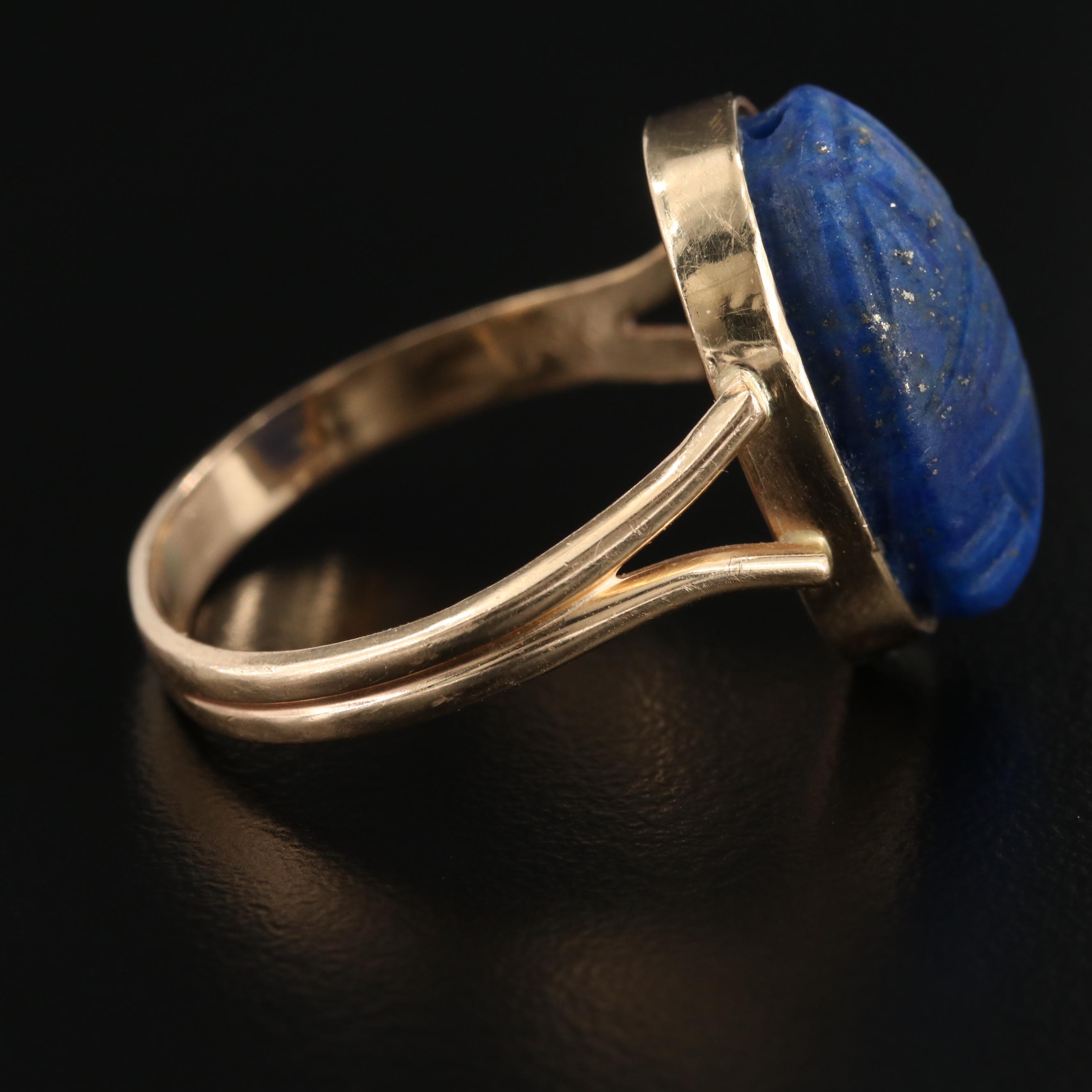 Egyptian Revival 14K Yellow Gold Lapis Lazuli Carved Scarab Ring
