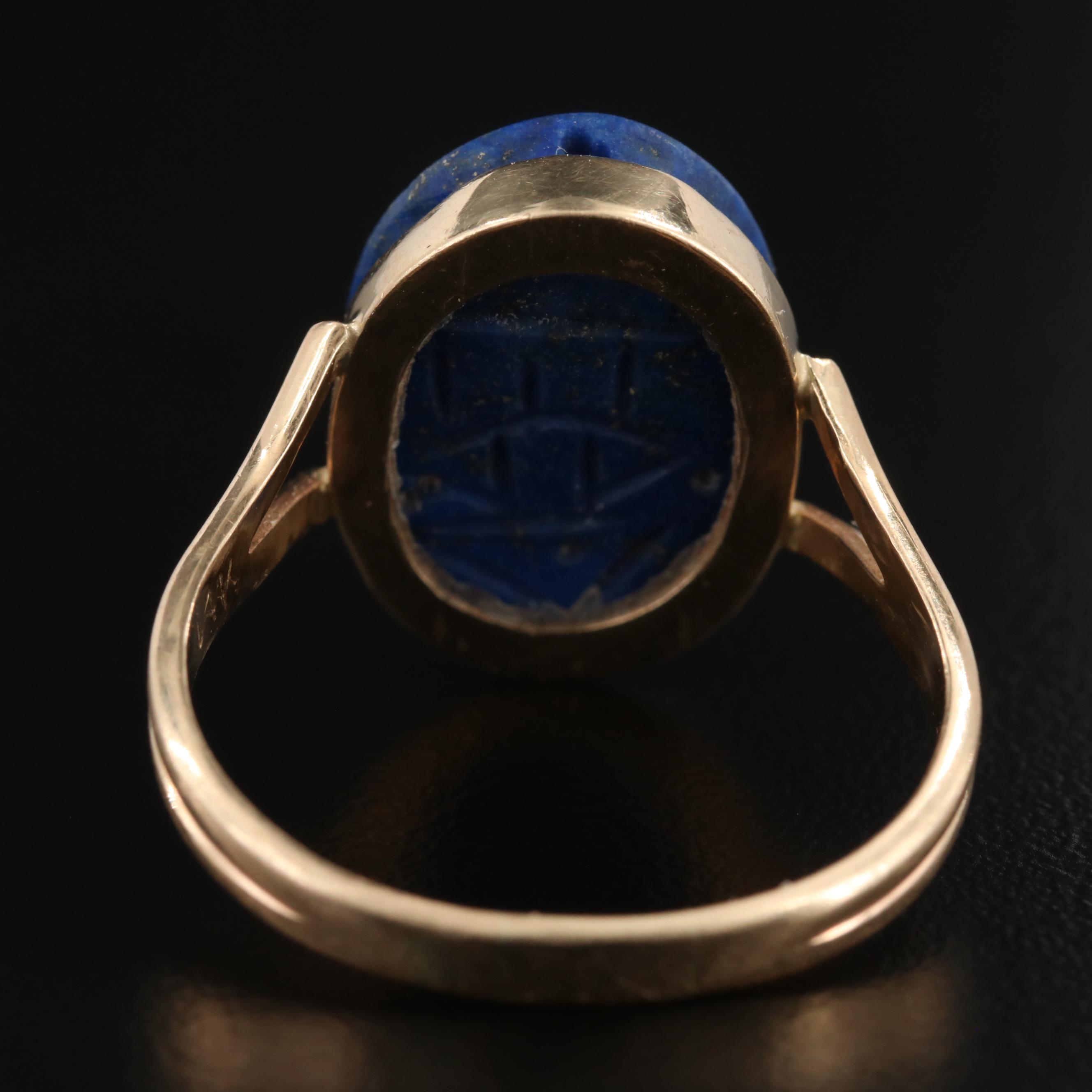 Egyptian Revival 14K Yellow Gold Lapis Lazuli Carved Scarab Ring