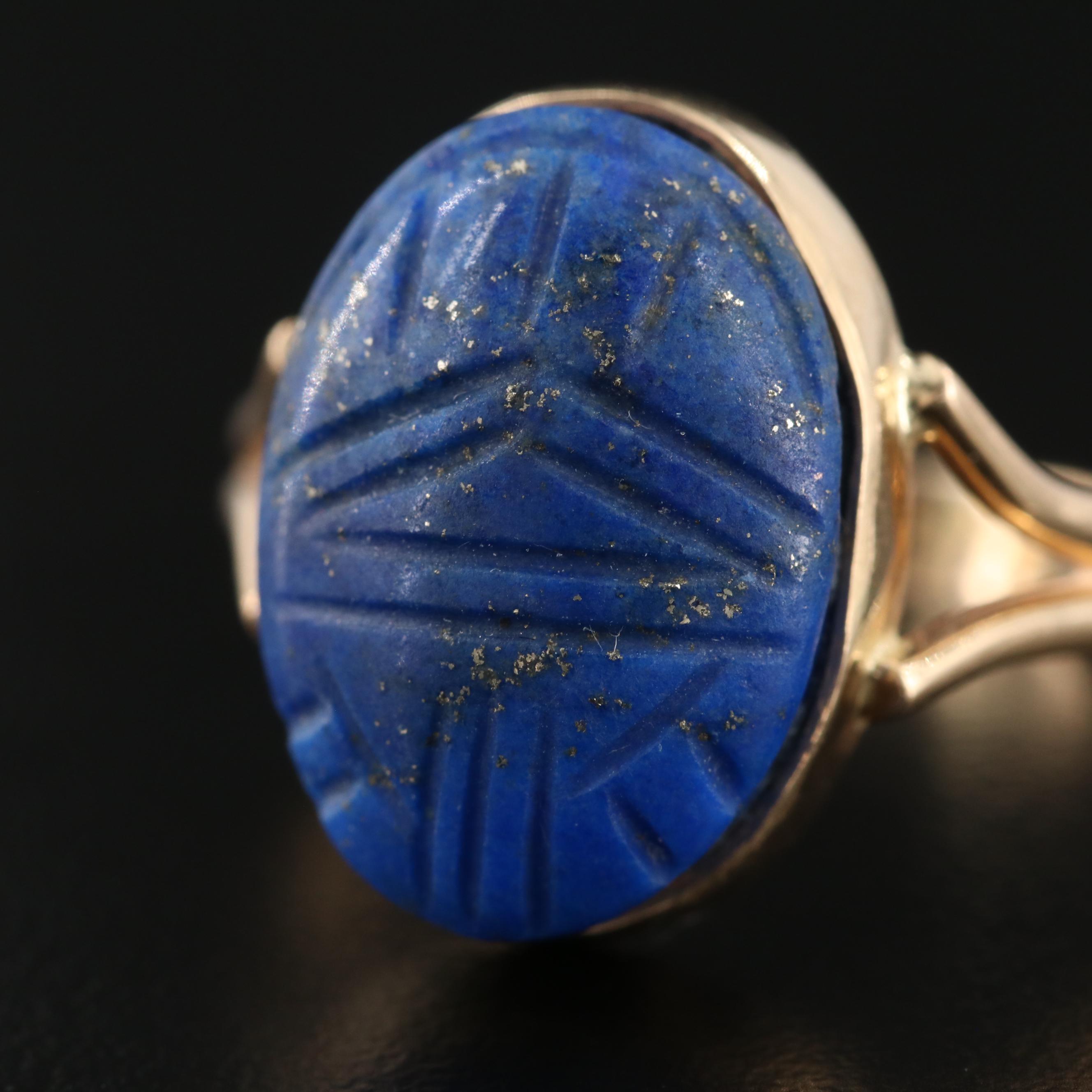 Egyptian Revival 14K Yellow Gold Lapis Lazuli Carved Scarab Ring