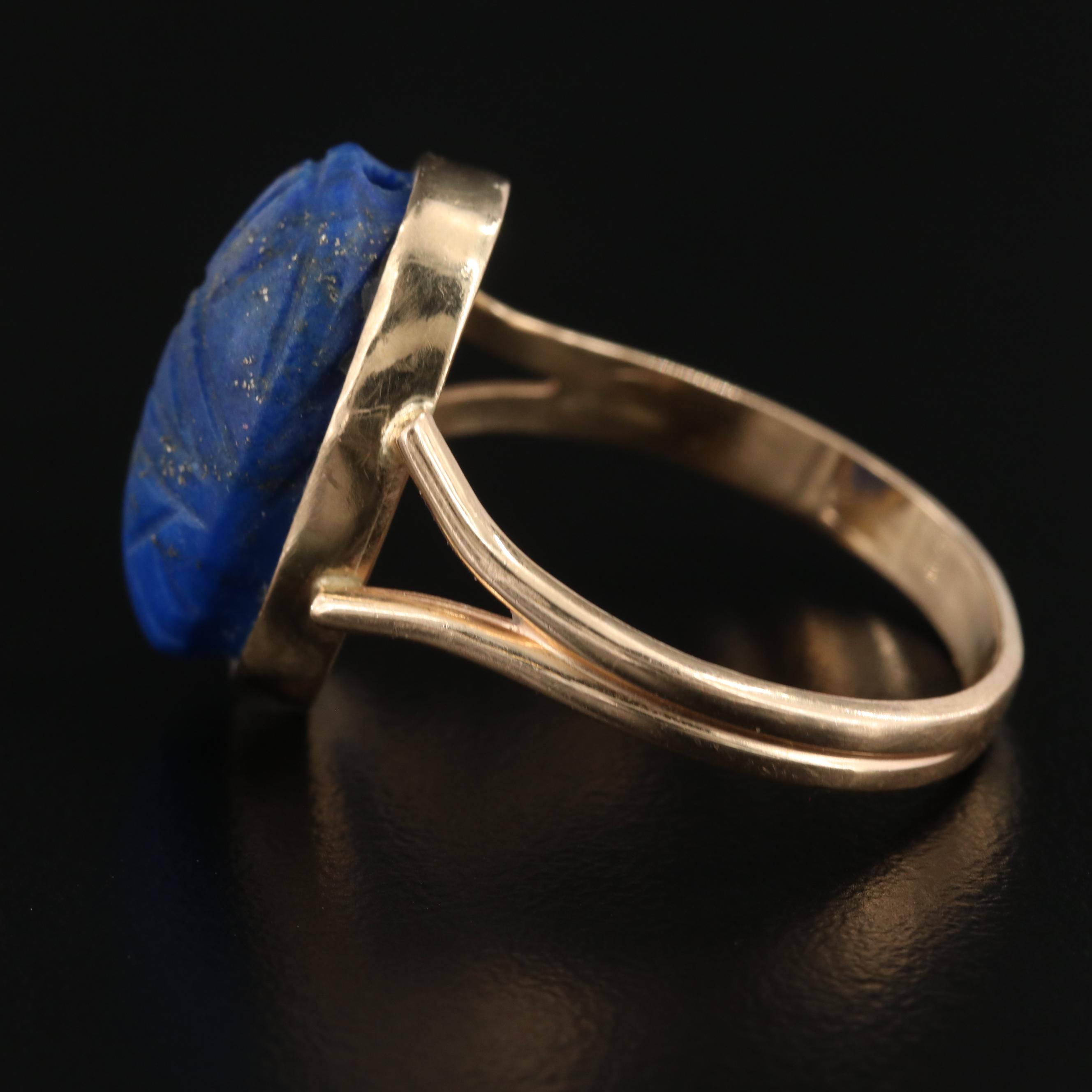 Egyptian Revival 14K Yellow Gold Lapis Lazuli Carved Scarab Ring