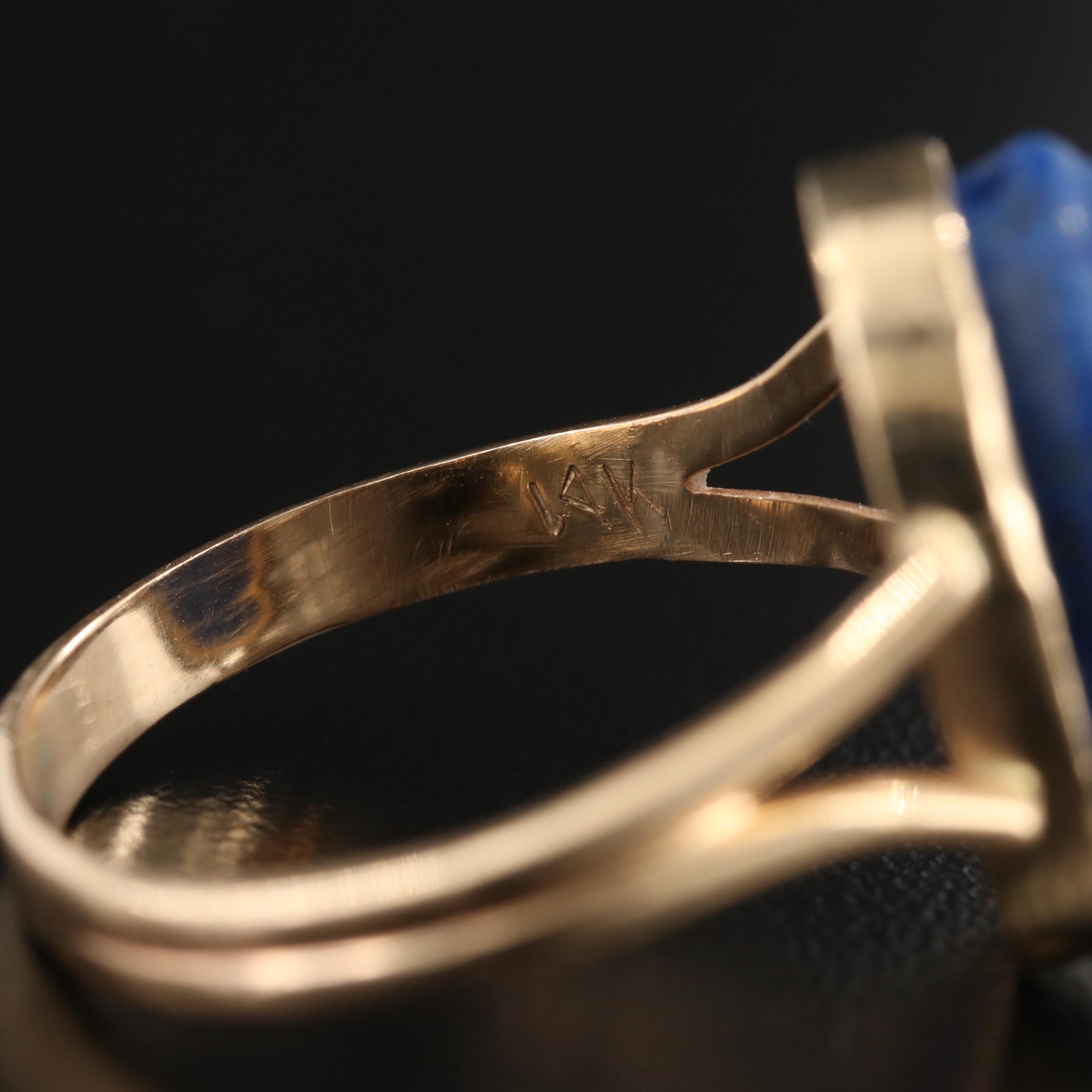 Egyptian Revival 14K Yellow Gold Lapis Lazuli Carved Scarab Ring