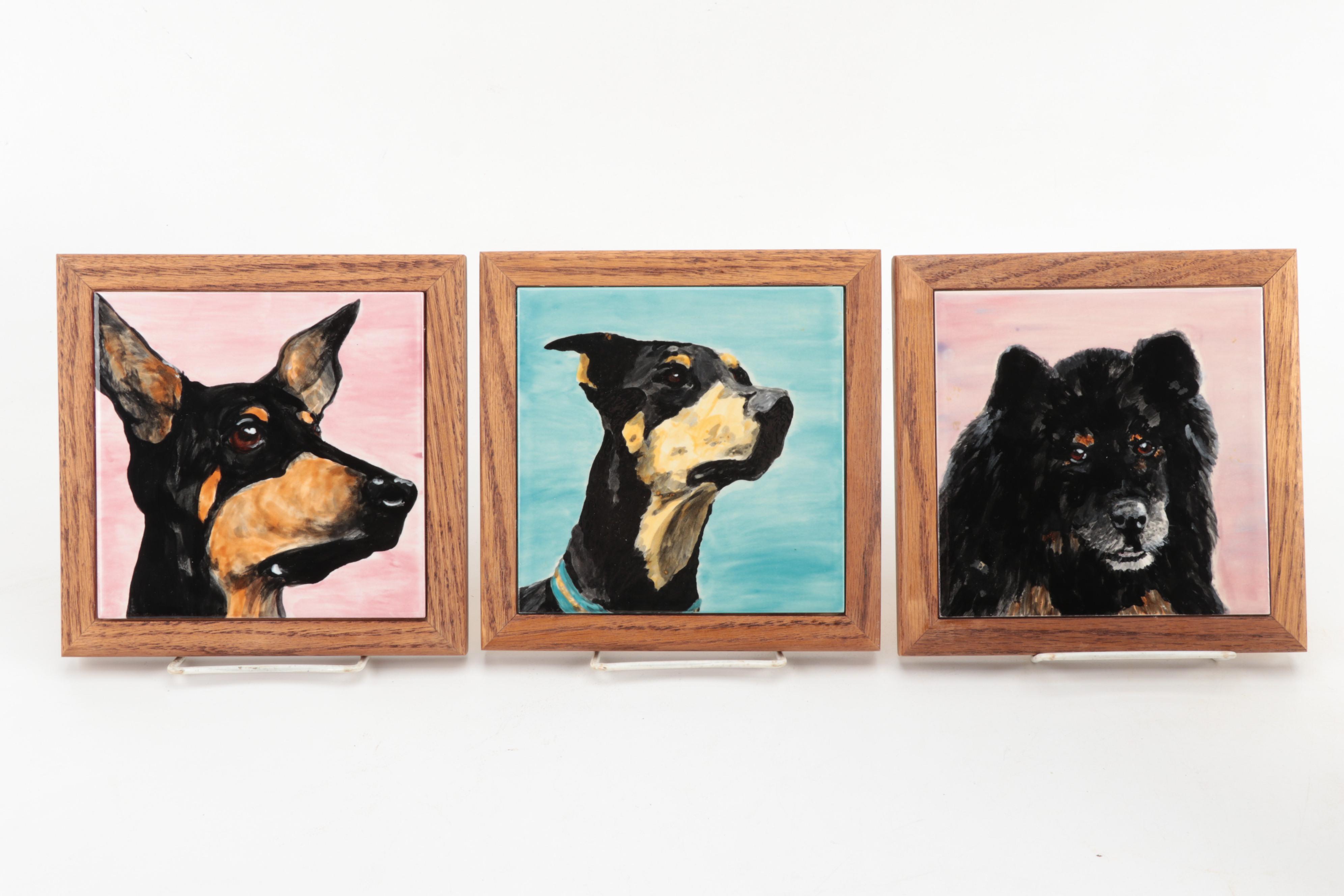 Framed Dog Tiles with Animal Figurines