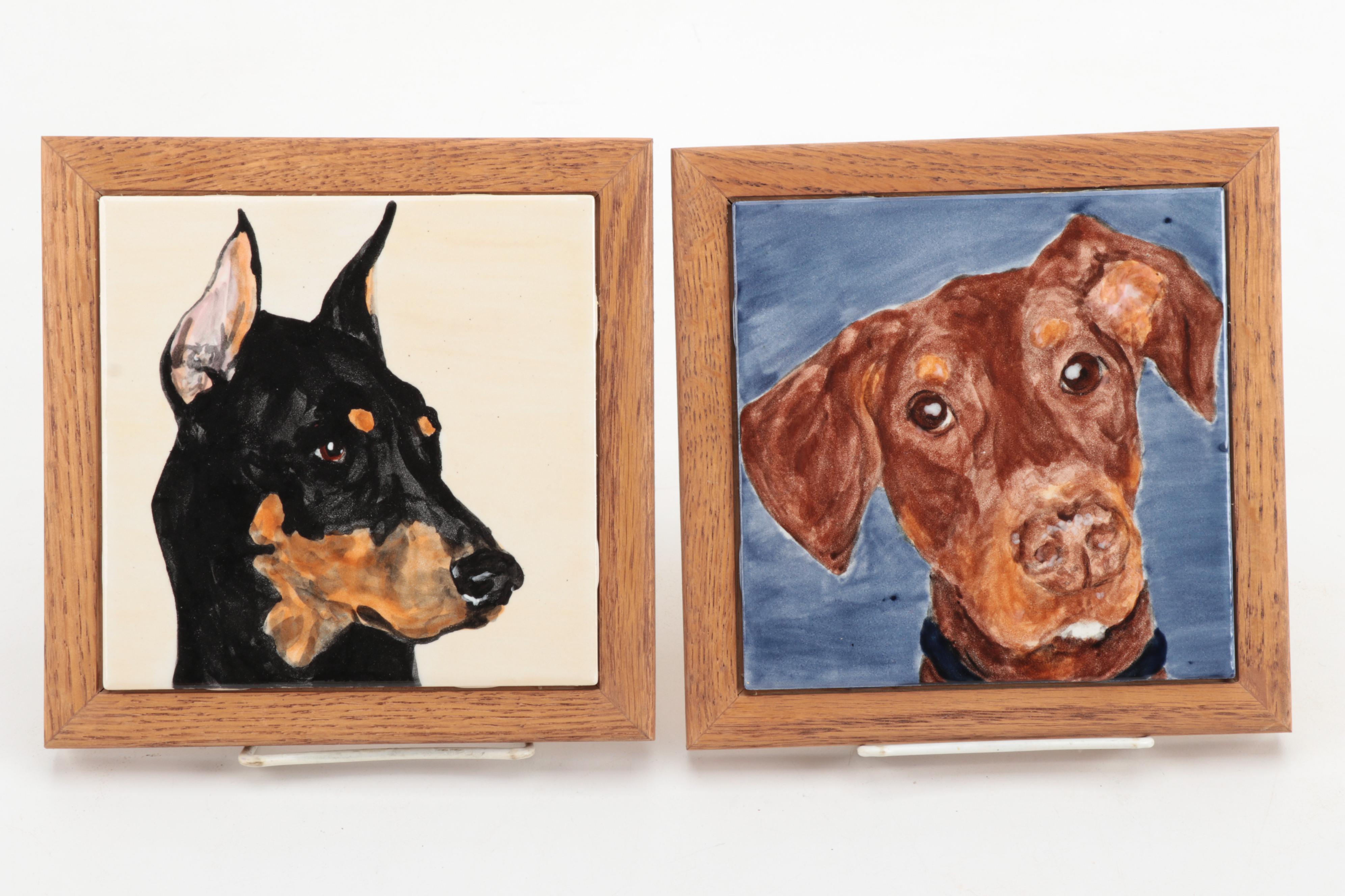 Framed Dog Tiles with Animal Figurines