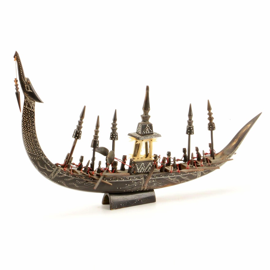 Carved Horn Southeast Asian Dragon Boat